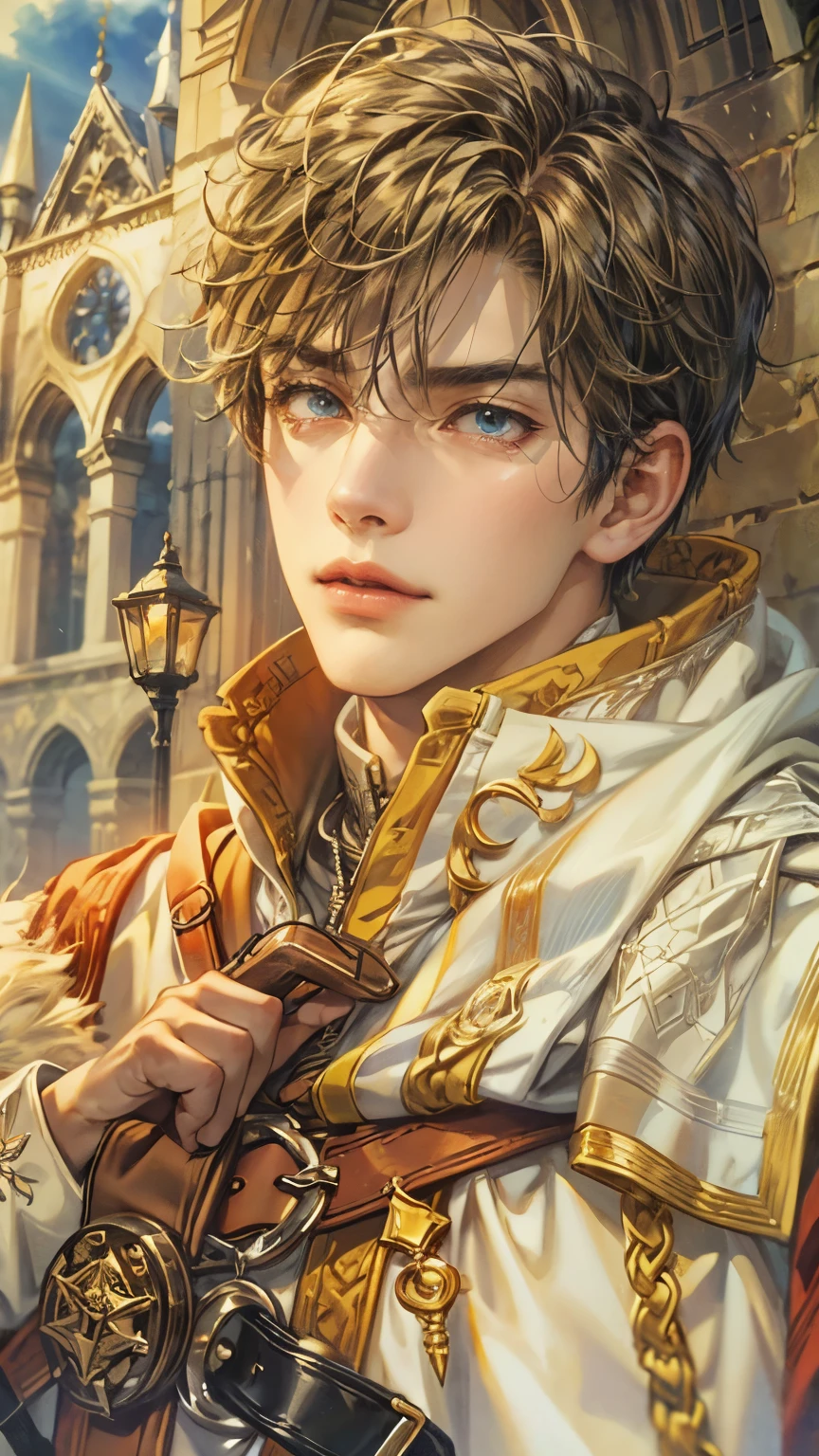 (absurdres, highres, ultra detailed, HDR), masterpiece, intricate details, best quality close-up picture of a character from Suikoden 5, an adventurer with handsome looks, cool hero, short hair, anime eyes, matured teen, fantastic outfit showing chest, crop top, detailed cathedral interiors, window beach scenery, detailed character, art kenouji