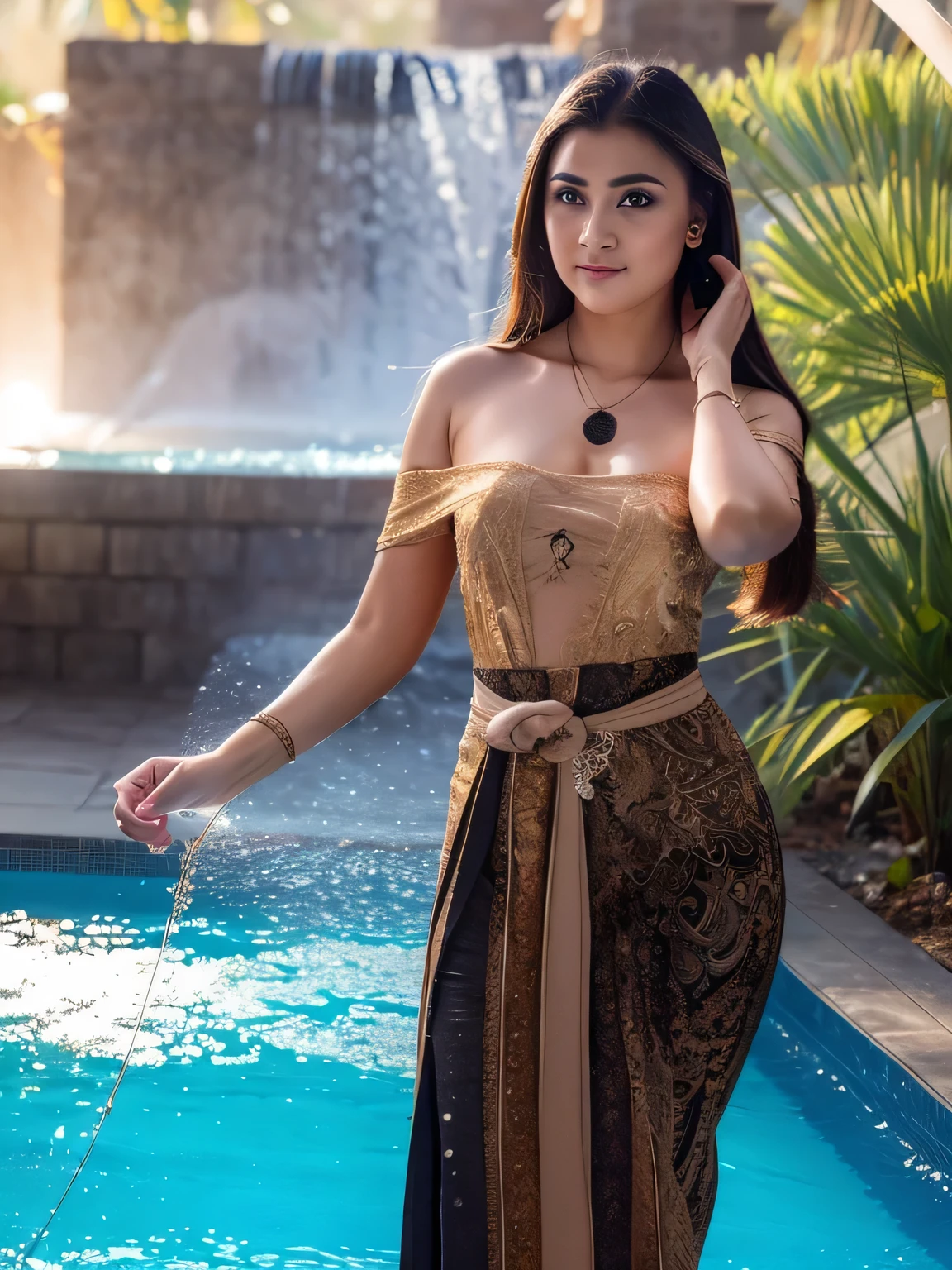 master works, best picture quality, super high resolution, higher quality, beautiful girl,hair decoration, 8k resolution, sexy girl, student, beautiful pupils, blush, twilight, oasis,characters by the pool, volumetric light, cinematic light, natural light. Waterfall background, fashion long skirt, not exposed, full body photo Snow Moon Law Moon Girl Light Shoulder, Solo, Clear Water Splash Perfect Reflection, Eyebrow Pattern, Beautiful Black Eyes, Floating Water Splash, Black Water Drop, Beautiful Light, Best Quality, Illustration, Artwork, Best Production, Best Quality, Highly Detailed, Highly Detailed CG, Lighting, Cute, Tyndall Effect, Burning Spark Wrapping, Light Shoulders, Depth of Field, Black Water, Super Moe, Glowing, Beautiful Delicate facial features , cute, dreamy, floating black water particle special effects Luminous black particles, burning hair, necklace ((Masterpiece)), ((Highest Quality)), beautiful CG, blue-purple tone, sweet Beautiful and lovely