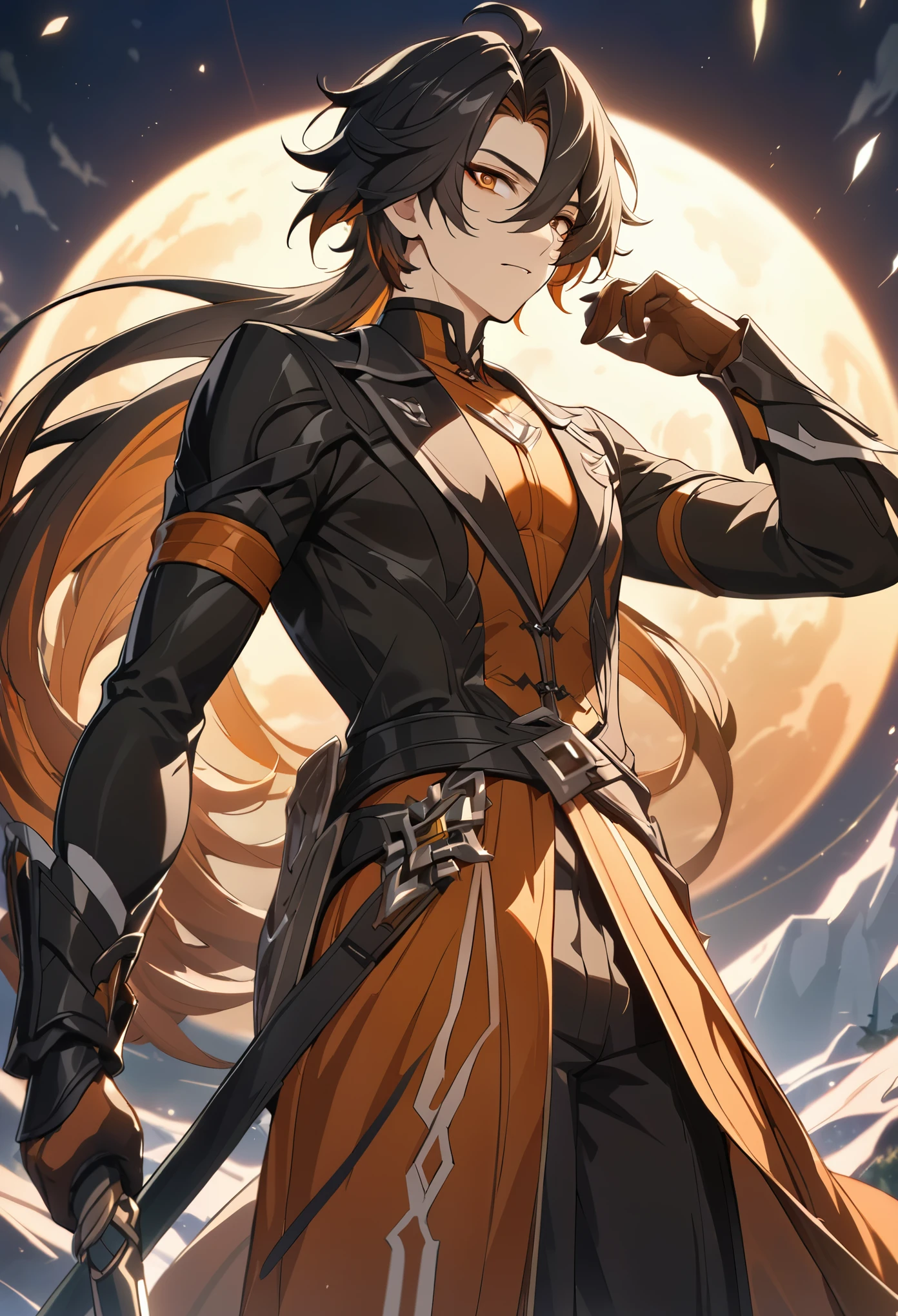 ((solo)), dark orange eyes, black hair, very long messy hair, dark orange colored inner hair, lithe body, a close up of a person with a sword in a desolate land, detailed key anime art, honkai star trail character, casimir art, masamune shiro, masamune, handsome guy in demon slayer art, genshin, heise jinyao, shadowverse style, (no logos), eclipse, black powers, twilight scenery, detailed clothes, eye reflection, depth of field, cinematic lighting, ray tracing, depth of field, cinematic lighting, ray tracing, UHD, high details, best quality, highres, high quality, award winning, super detail, masterpiece, 8k, UHD, high details, best quality, highres, high quality, award winning, super detail, masterpiece, 8k
