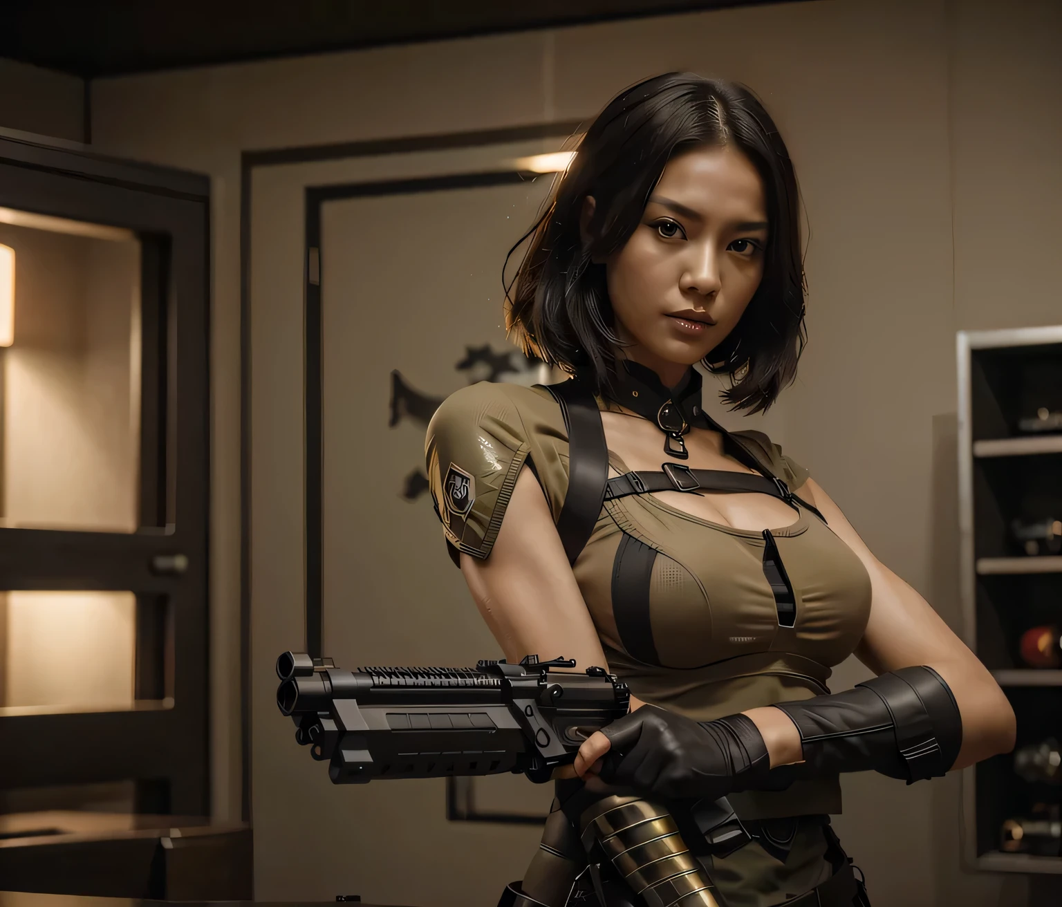 the most beautiful woman soldier, face of a beautiful chinese woman, serious expression, short black hair, tattoo on the arm, mucular body, worked abs, short beige toptank with wide colorful neckline You can see her abs, tactical toptank, chinese style brown military pants with purple detail, tactical gloves, Harnesses and belts with ammunition, holsters, she is holding a laser pistol, she is in a futuristic Chinese military bunker, many computer screens, ultra Realistic, ultra detailed, hyper Realistic, 4k, ultra detailed image, Realistic, highly detailed, perfect composition, beautiful, Intricately detailed, incredibly detailed, 8 k artistic photography, hyper detailed, ultra Realistic masterpiece, ultra detailed, hyper Realistic, 4k, ultra detailed image, Realistic, highly detailed, perfect composition , beautiful, Intricately detailed, incredibly detailed, 8 k artistic photography, hyper detailed, masterpiece