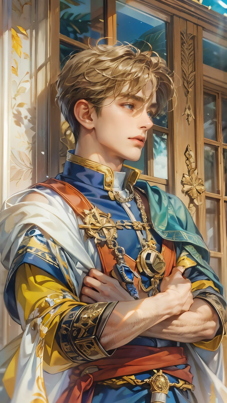 (absurdres, highres, ultra detailed, HDR), masterpiece, intricate details, best quality close-up picture of a character from Suikoden 5, an adventurer with handsome looks, cool hero, short hair, anime eyes, matured teen, fantastic outfit showing chest, crop top, detailed Philippines interiors, window beach scenery, detailed character, art kenouji