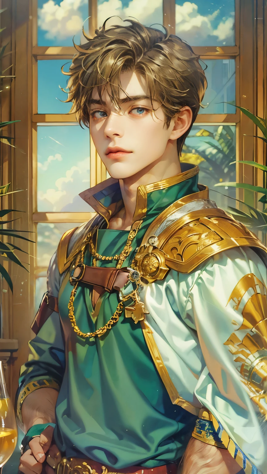 (absurdres, highres, ultra detailed, HDR), masterpiece, intricate details, best quality close-up picture of a character from Suikoden 5, an adventurer with handsome looks, cool hero, short hair, anime eyes, matured teen, fantastic outfit showing chest, crop top, detailed Philippines interiors, window beach scenery, detailed character, art kenouji