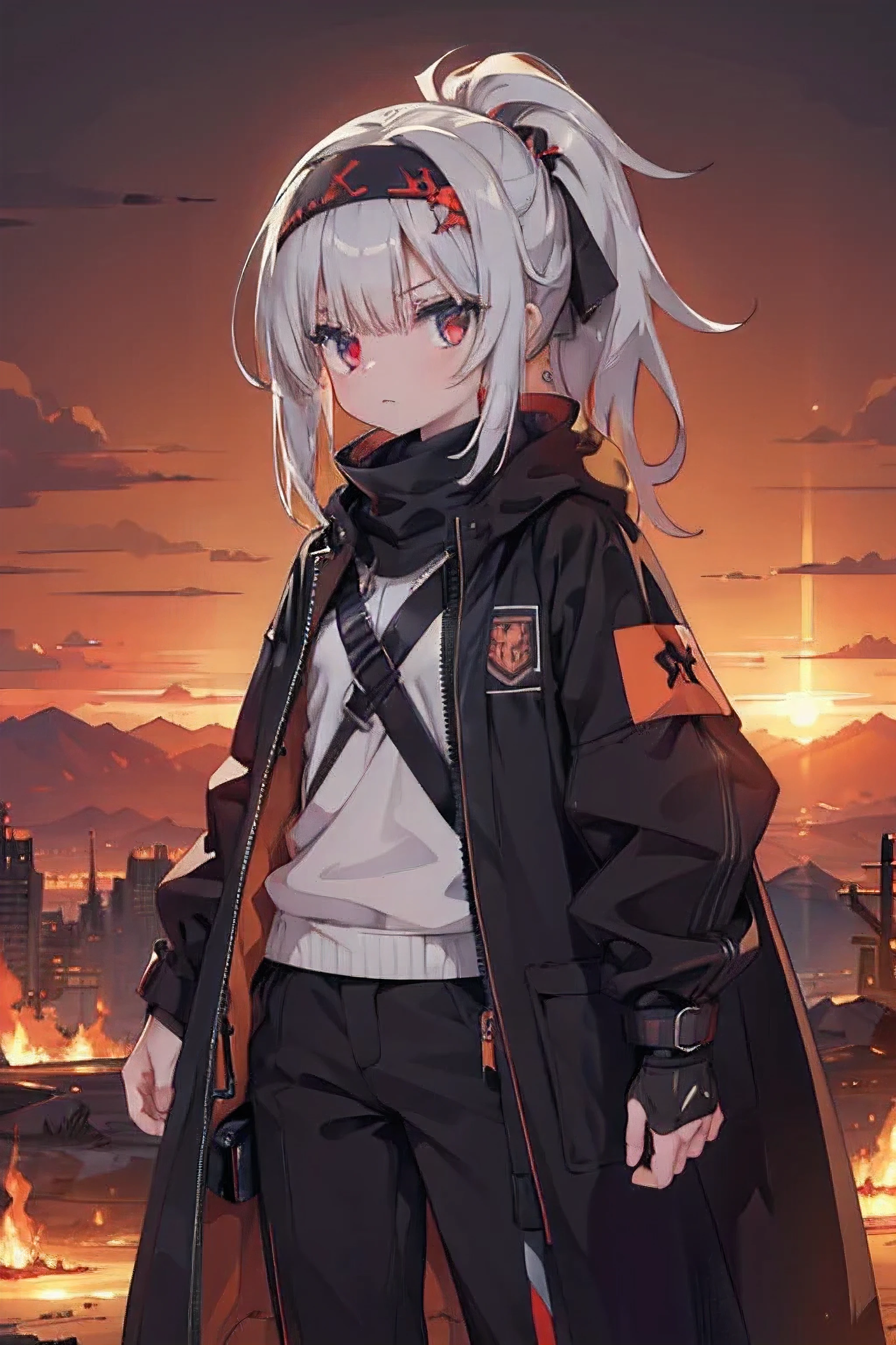 Silver hair, black hair clip, ceremonial ribbons, hair tied into a low ponytail, dark silver eyes, futuristic design, black and white outer coat with mechanical features, white pants with grey strips, combat gear:1.2, white coat with black design:1.4, stern expression, detailed desert in the background, sand dunes, red sun:1.6, orange apocalyptic sky:1.2, wasteland, headband, sunset:1.2, glowing eyes, glowing lights in the distance of burning fires, soft glow, soft lighting, detailed, 4k, 8k, ultra hd, masterpiece, best quality, portrait, mechanical pyramids:1.2, advanced civilization, doomsday, city in the distant background, subject is standing a top a very tall mountain, ruined city is within a crater, city is within a large crater