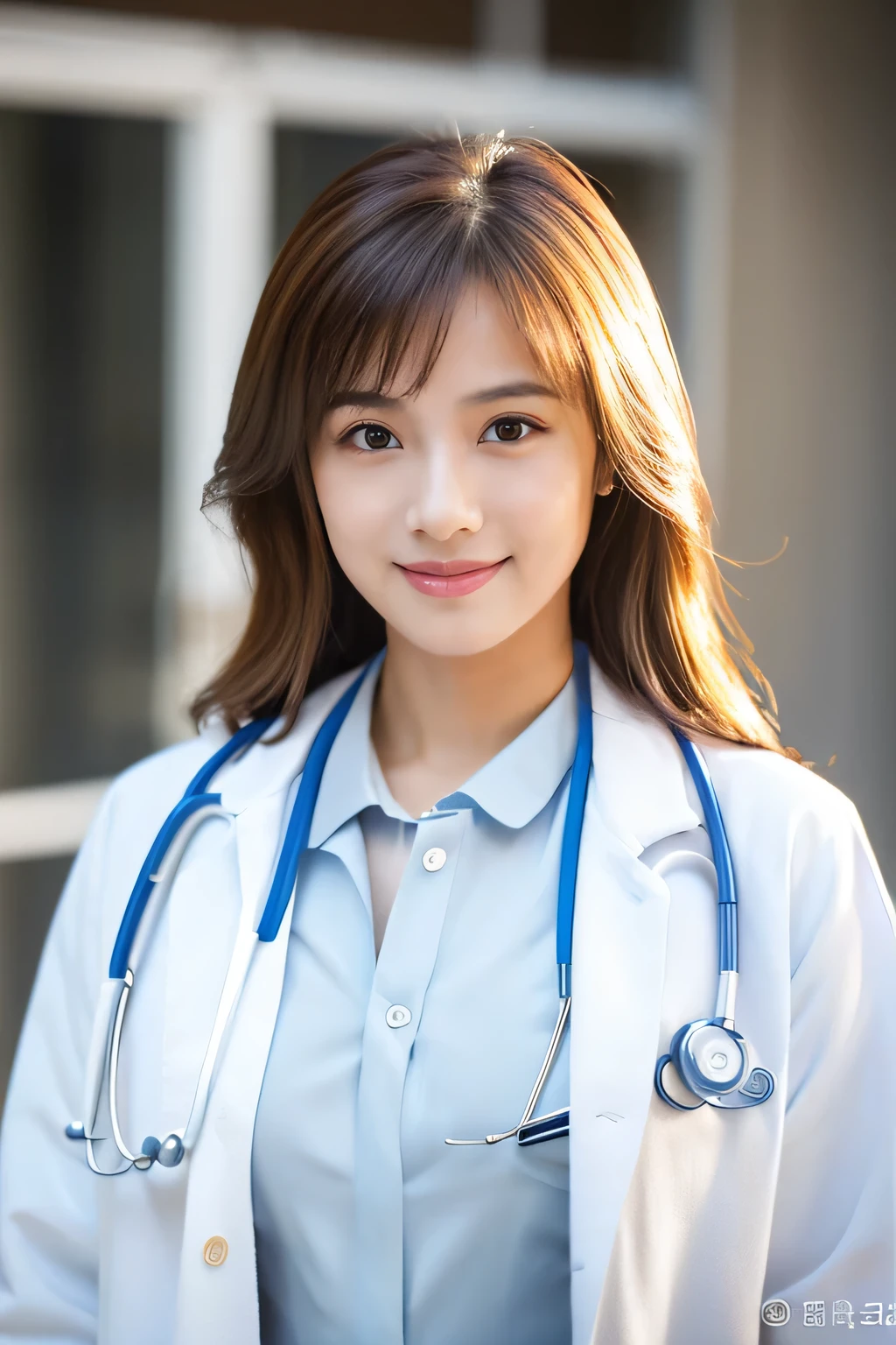 ((highest quality、8K、masterpiece:1.3))、sharp:1.2、perfect body beauty:1.4、slim body:1.2、beautiful face、Medium chest、cute smile、((Female doctor in her 20s:1.5))、(Sexy white coat that shows the chest:1.5)、(inside the hospital:1.2)、medium long hair、cute brown hair、Highly detailed face and skin texture、detailed eye、Looking at the camera、