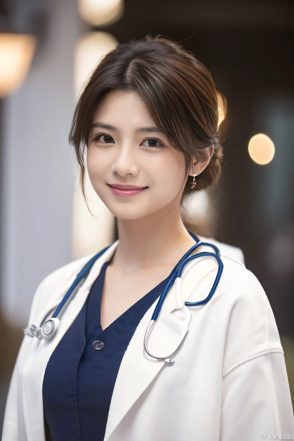 ((highest quality、8K、masterpiece:1.3))、sharp:1.2、perfect body beauty:1.4、slim body:1.2、beautiful face、Medium chest、cute smile、((Female doctor in her 20s:1.5))、(Sexy white coat that shows the chest:1.5)、(inside the hospital:1.2)、medium long hair、cute brown hair、Highly detailed face and skin texture、detailed eye、Looking at the camera、