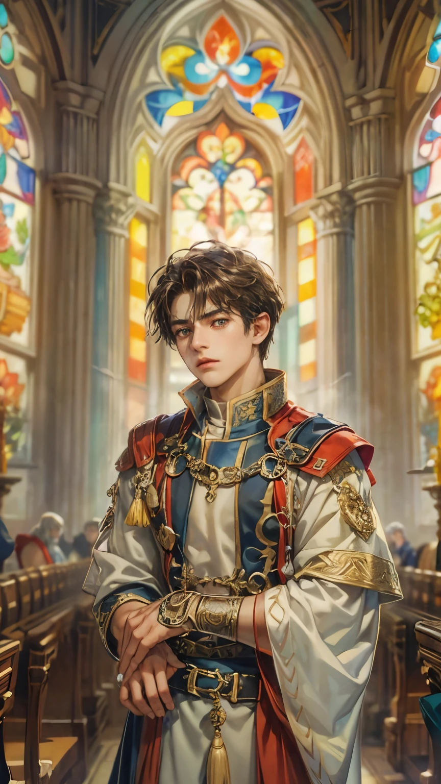 (absurdres, highres, ultra detailed, HDR), masterpiece, intricate details, best quality close-up picture of a character from Suikoden 5, an adventurer with handsome looks, cool hero, short hair, anime eyes, matured teen, fantastic outfit showing chest, crop top, detailed Philippine church interiors with window beach scenery, detailed character, art kenouji