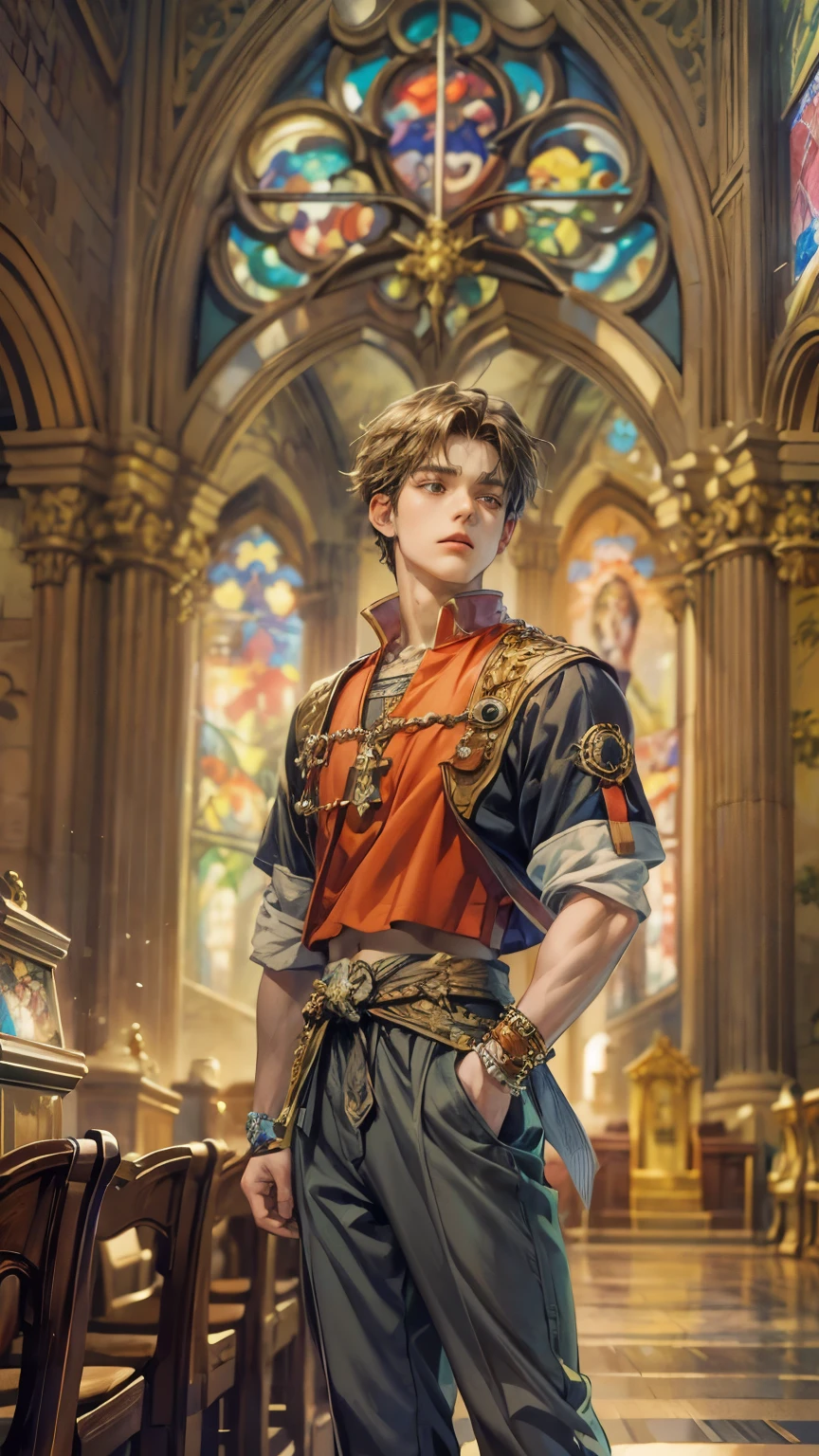 (absurdres, highres, ultra detailed, HDR), masterpiece, intricate details, best quality close-up picture of a character from Suikoden 5, an adventurer with handsome looks, cool hero, short hair, anime eyes, matured , fantastic outfit showing chest, crop top, detailed Philippine church interiors with window beach scenery, detailed character, art kenouji