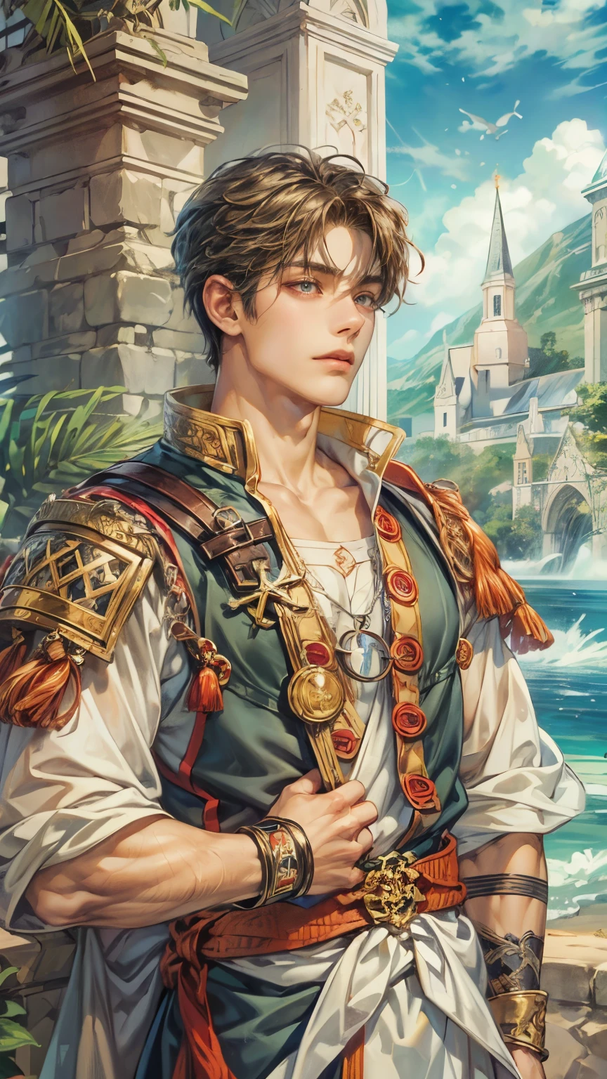 (absurdres, highres, ultra detailed, HDR), masterpiece, intricate details, best quality close-up picture of a character from Suikoden 5, an adventurer with handsome looks, cool hero, short hair, anime eyes, matured , fantastic outfit showing chest, crop top, detailed Philippine church interiors with window beach scenery, detailed character, art kenouji