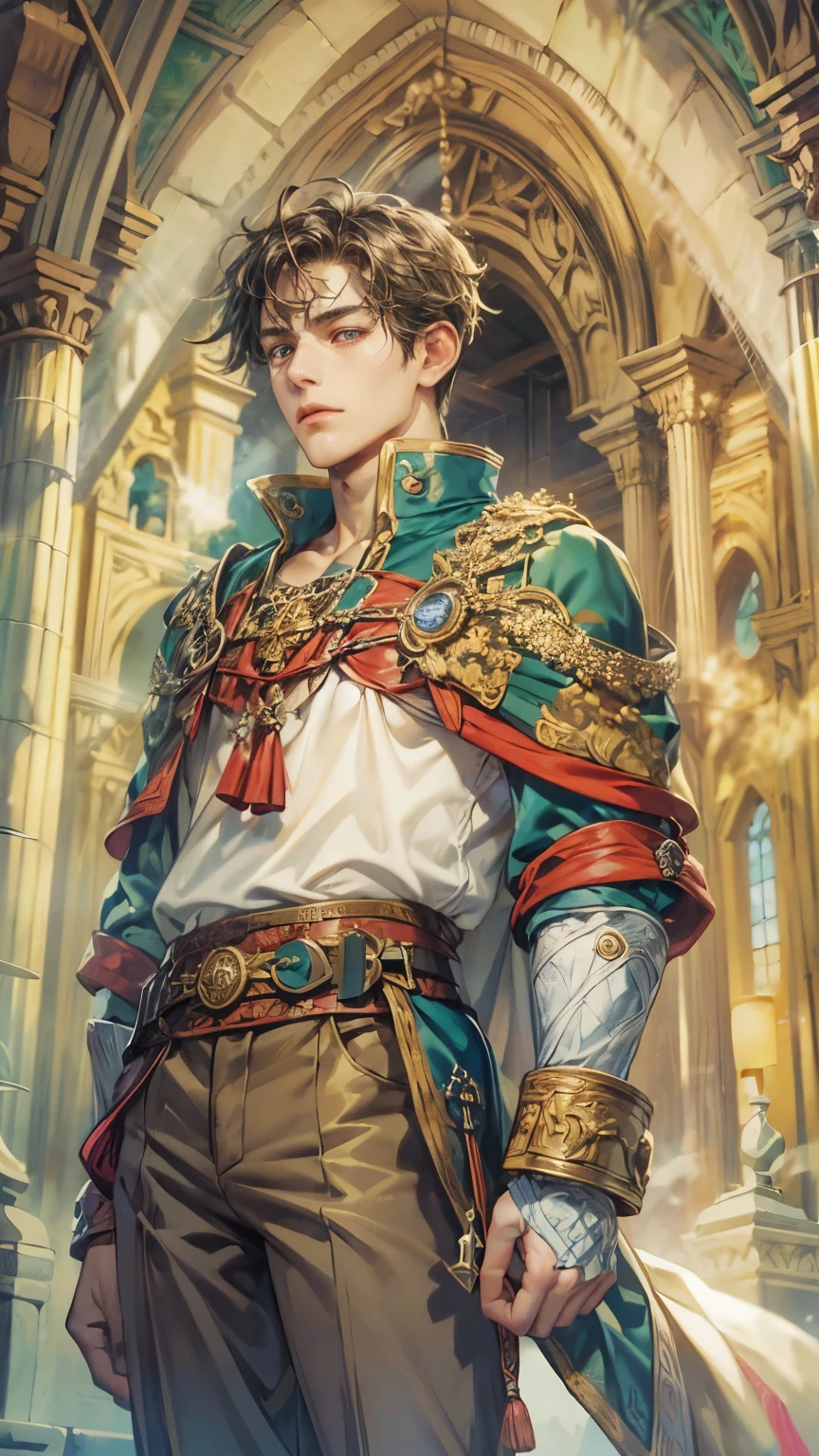 (absurdres, highres, ultra detailed, HDR), masterpiece, intricate details, best quality close-up picture of a character from Suikoden 5, an adventurer with handsome looks, cool hero, short hair, anime eyes, matured , fantastic outfit showing chest, crop top, detailed Philippine church interiors with window beach scenery, detailed character, art kenouji