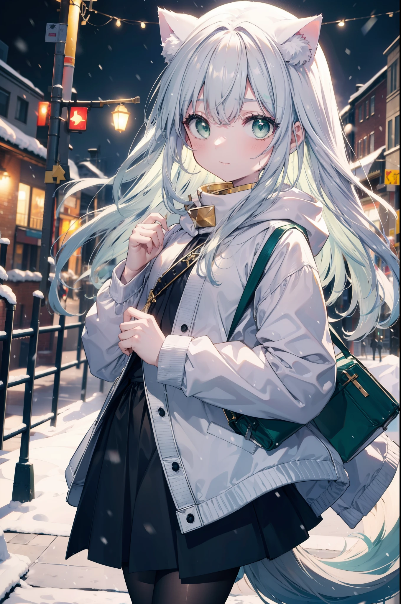 index, index, (green eyes:1.5), silver hair, long hair, (flat chest:1.2),Cat ear,cat tail,blush,smile,open your mouth,gray handbag,yellow long coat, white hoodie, black long skirt,black pantyhose,Mini Boots,winter,night,cold sky,snow is scattered,It&#39;s snowing,background　big christmas tree,
break looking at viewer, Upper body, whole body,
break indoors, In town,building street,
break (masterpiece:1.2), highest quality, High resolution, unity 8k wallpaper, (figure:0.8), (detailed and beautiful eyes:1.6), highly detailed face, perfect lighting, Very detailed CG, (perfect hands, perfect anatomy),