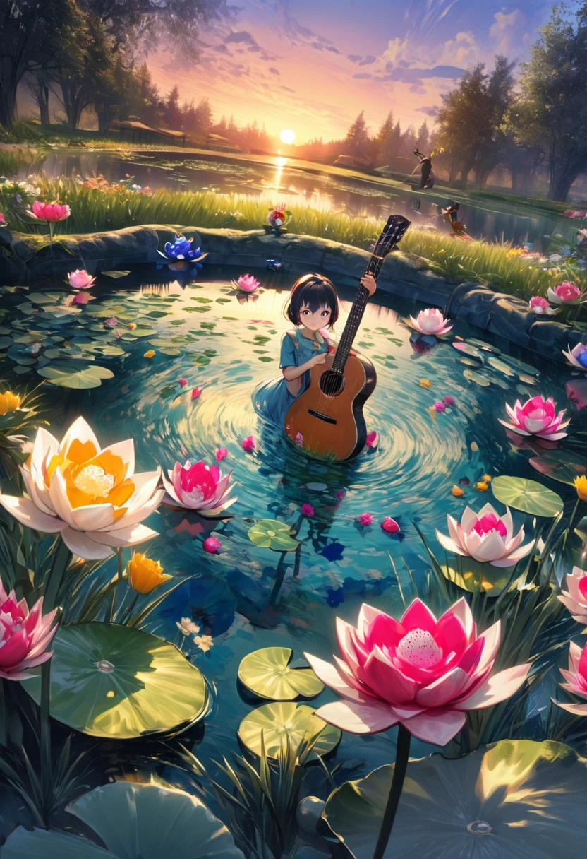 ((Evening Pond:1.8)),A guitar made of dragon fruit floats in the river, half leaking out, surrounded by a small amount of green grass and flowers. The sunlight shone on its face, creating a beautiful scene. It has a surreal style, bright colors, and high-definition photography. I can't believe how beautiful these photos are! High definition, high-resolution, wide-angle lens, panoramic, water splashing effect, floating instrument, natural scenery, brilliant sunshine. Surrealist style, ((Marc Chagall style)), Amazing naive art, primitivism, original gene,((best quality, masterpiece)), (higher detail), Impressionism:1.1, 8K