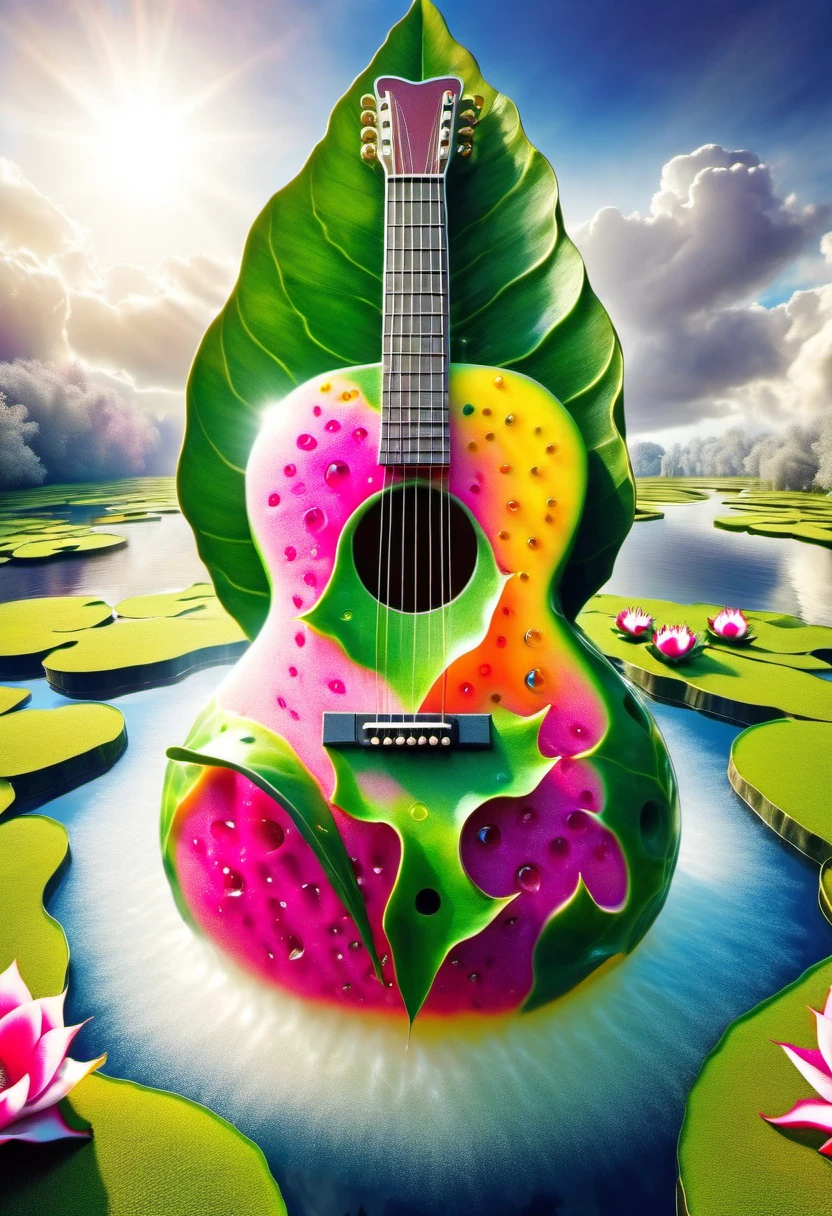 A guitar made of dragon fruit floats in the river, half leaking out, surrounded by a small amount of green grass and flowers. The sunlight shone on its face, creating a beautiful scene. It has a surreal style, bright colors, and high-definition photography. I can't believe how beautiful these photos are! High definition, high-resolution, wide-angle lens, panoramic, water splashing effect, floating instrument, natural scenery, brilliant sunshine. Surrealist style, ((Marc Chagall style)), Amazing naive art, primitivism, original gene,((best quality, masterpiece)), (higher detail), Impressionism:1.1, 8K