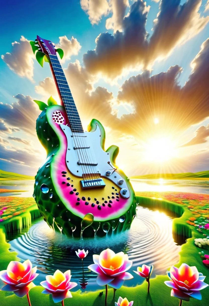 ((Evening Pond:1.8))，A guitar made of dragon fruit floats in the river, half leaking out, surrounded by a small amount of green grass and flowers. The sunlight shone on its face, creating a beautiful scene. It has a surreal style, bright colors, and high-definition photography. I can't believe how beautiful these photos are! High definition, high-resolution, wide-angle lens, panoramic, water splashing effect, floating instrument, natural scenery, brilliant sunshine. Surrealist style, ((Marc Chagall style)), Amazing naive art, primitivism, original gene,((best quality, masterpiece)), (higher detail), Impressionism:1.1, 8K