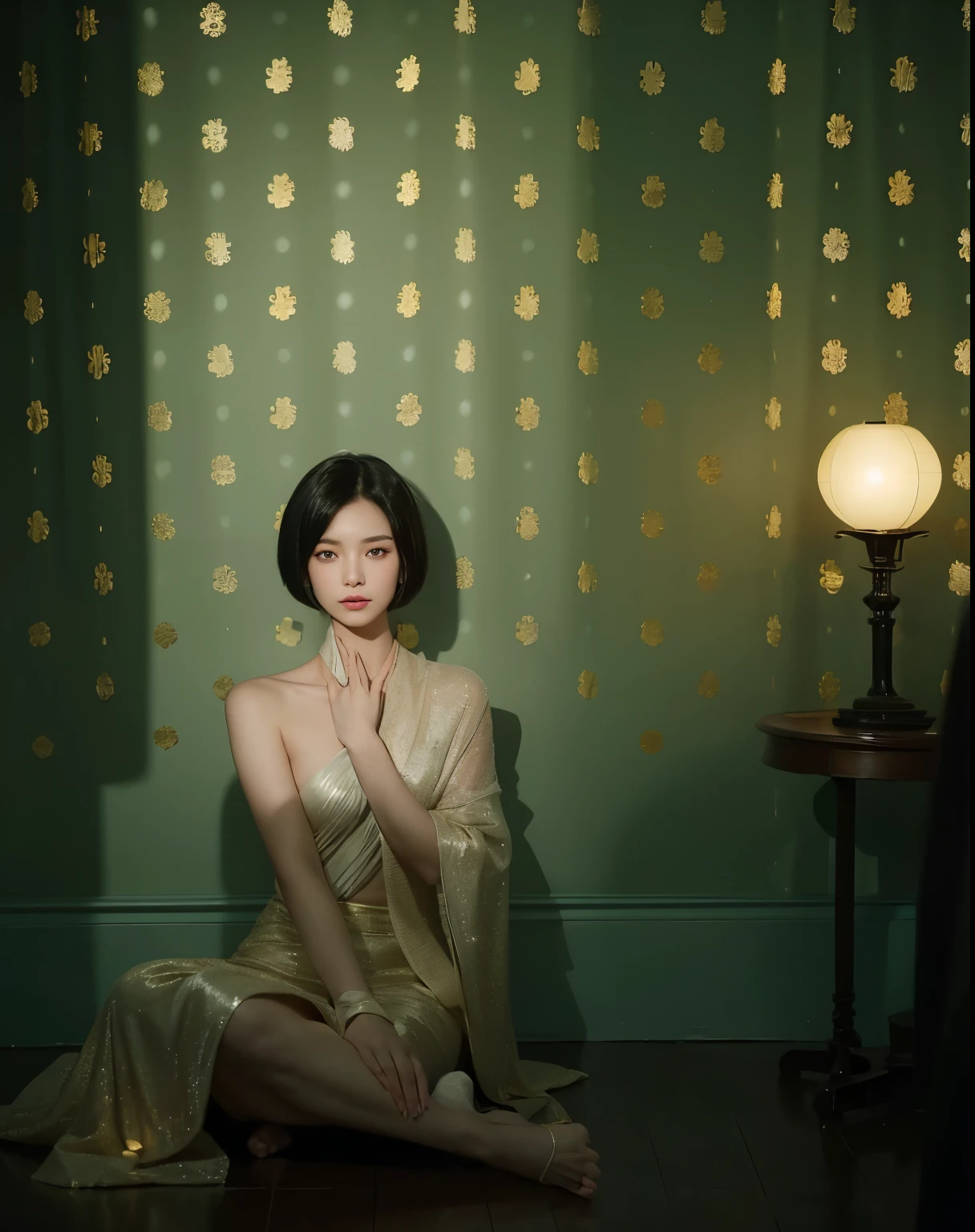 (Best quality, 8k, 32k, Masterpiece, UHD:1.2) "Generate a captivating artwork featuring a young Japanese girl model with short, sleek black hair styled in a chic bob haircut. Envision her bathed in dramatic cinematic lighting, creating an atmosphere of allure and mystery. Emphasize a romantic aesthetic vibe, showcasing the model in a poised and elegant pose that evokes a sense of intimacy and sophistication. Utilize warm and soft tones to enhance the romantic ambiance, and consider incorporating elements like flowing fabrics or flowers to add a touch of ethereal beauty. Capture the essence of romance and beauty through the model's expression, the play of light and shadows, and the overall aesthetic, creating a visually compelling and emotionally resonant piece." (perfect eyes), flawless skin, flawless face, cinematic, tight body, ((well-proportion female hands)), ((female hands with five digits)) ((Body is well proportioned)), ((chic bob haircut)), soft focus ((Short Black Hair)),