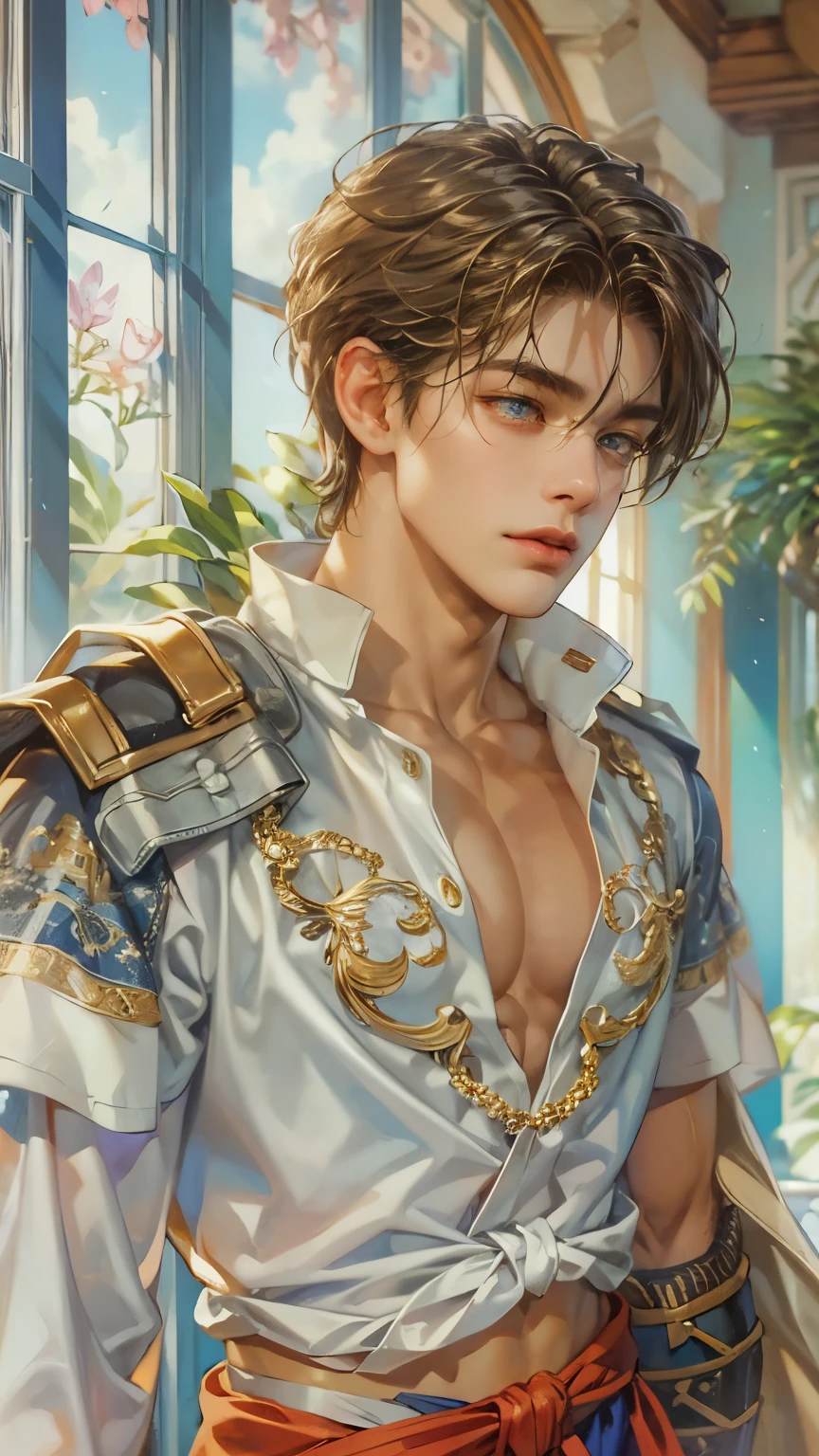 (absurdres, highres, ultra detailed, HDR), masterpiece, intricate details, best quality close-up picture of a character from Suikoden 5, an adventurer with handsome looks, cool hero, short hair, anime eyes, matured teen, fantastic outfit showing chest, crop top, detailed Philippines interiors, window beach scenery, detailed character, art kenouji