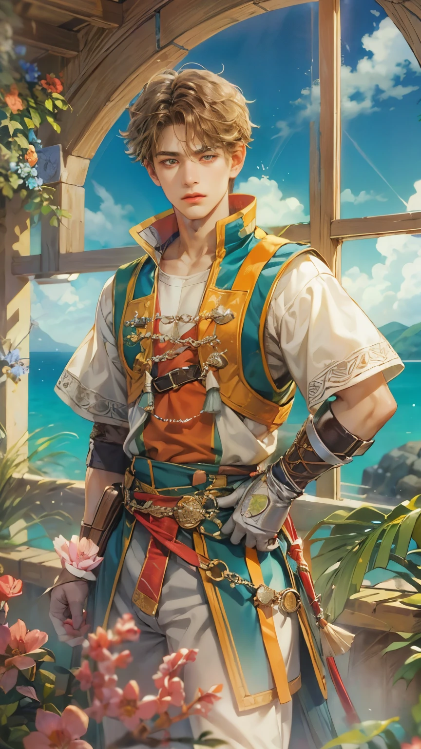 (absurdres, highres, ultra detailed, HDR), masterpiece, intricate details, best quality close-up picture of a character from Suikoden 5, an adventurer with handsome looks, cool hero, short hair, anime eyes, matured teen, fantastic outfit showing chest, crop top, detailed Philippines interiors, window beach scenery, detailed character, art kenouji