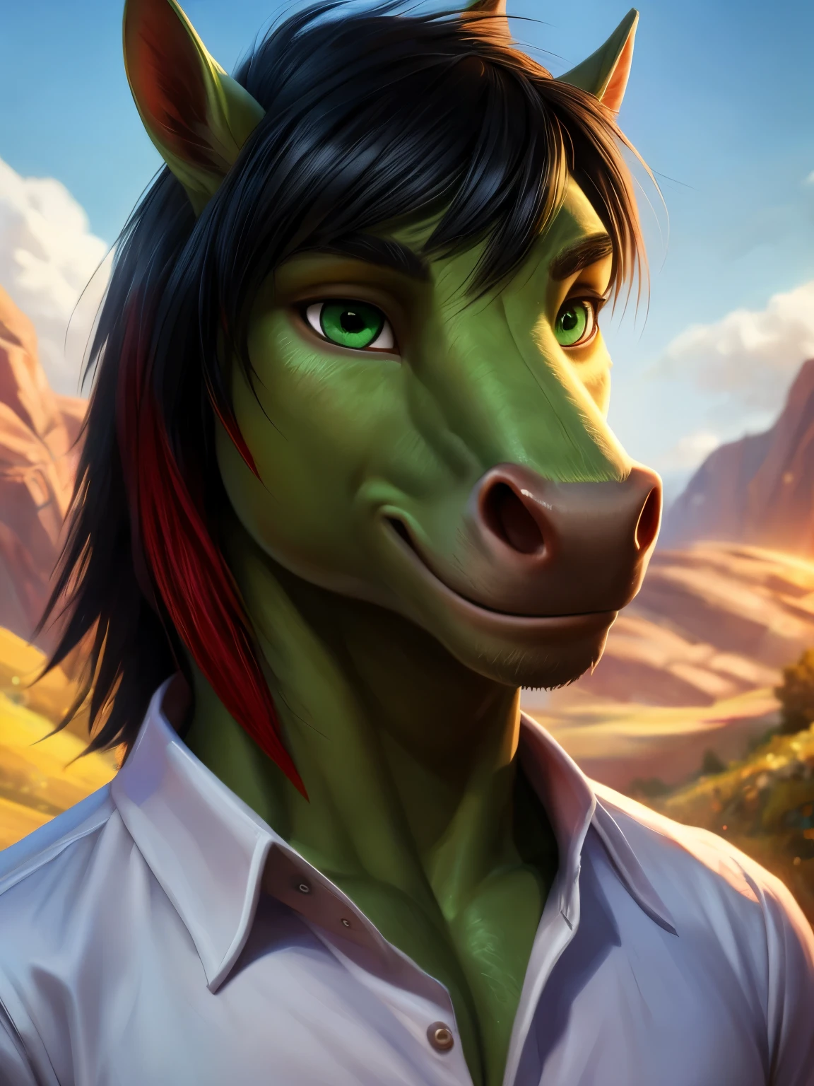 (by pixelsketcher:0.6), (by personalami :0.6), solo, furry anthro horse, male, detailed background, (cinematic lighting:1.1), (perfect focus:1.1), 8k hd, photo, (detailed eyes:1.2),depth of field, bokeh, subsurface scattering, wide angle,(white shirt, blue pants), bright colors, (furry detail:1.3), natural landscape,sky with clouds, sunny day,((green body,green skin)),anthro horse male, detailed fur, fluffy fur,(short tail),(detailed pixar green eyes:1.2),smile, seductive smile,athletic body,((black hair with red rays,red parts of hair)