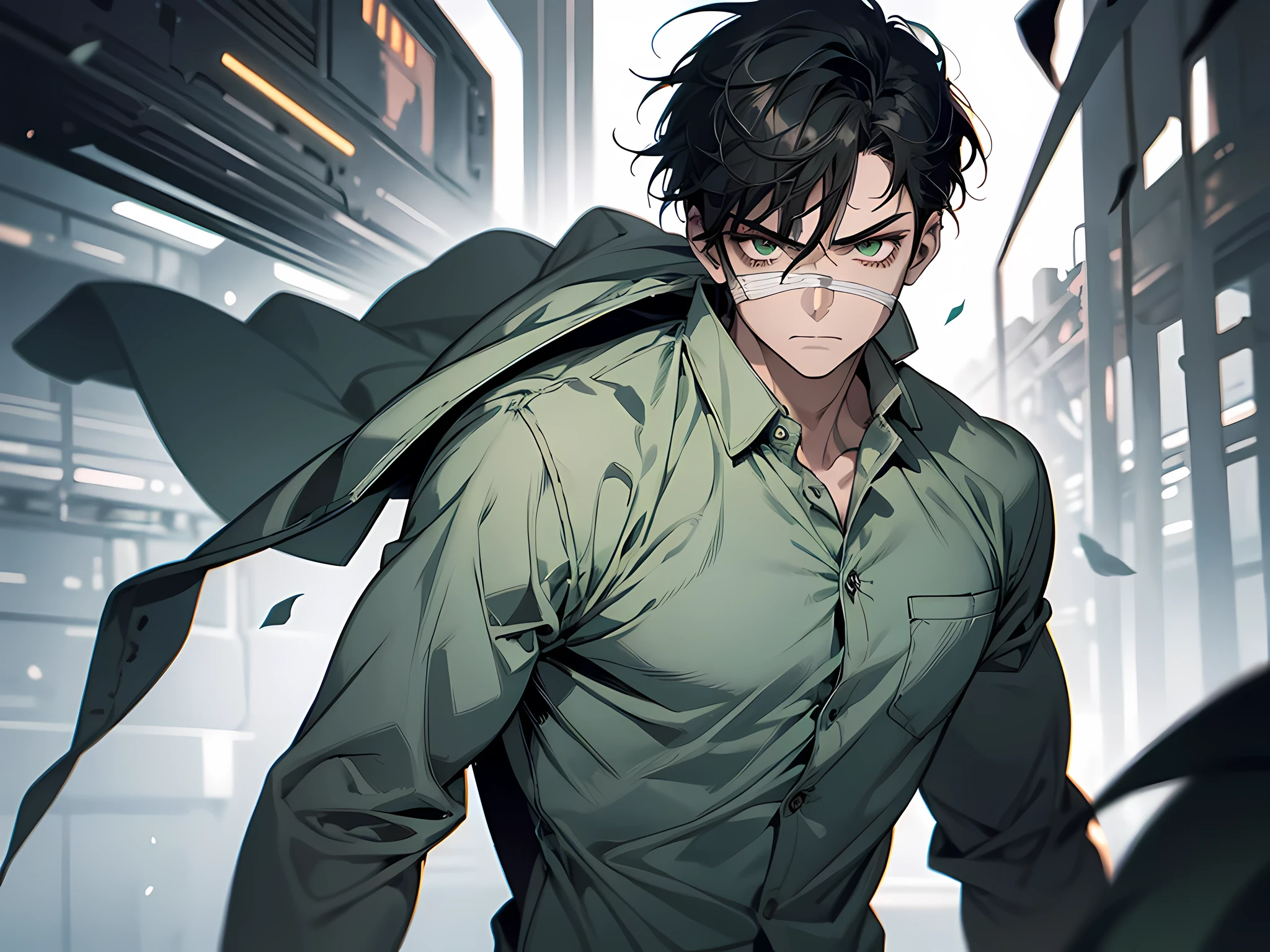 image of a boy with bandages on his face, he has wounds on face, green eyes, black hair, smooth hair, short hair, angry facial expression, punch pose, wearing light blue medical pajamas, half body illustration, sad expression, normal muscle, strong aura