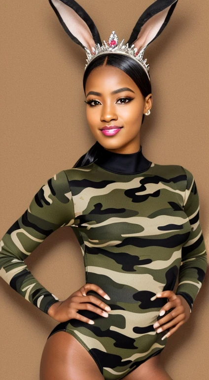 uma obra-prima, Melhor qualidade, african woman wearing a militar camouflage LEOTARD,rabbit ears tiara,fake eyelashes,fleshy lips,looking to observer, little smile,tan pantyhose,SCENARIO florish florest background