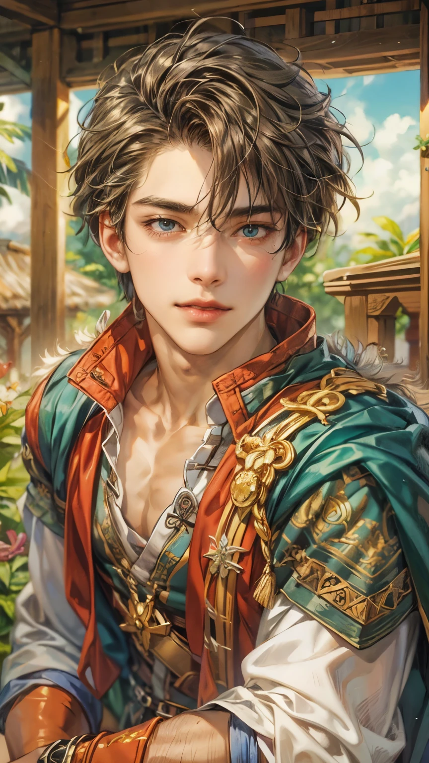 (absurdres, highres, ultra detailed, HDR), masterpiece, intricate details, best quality close-up picture of a character from Suikoden 5 with a perfect face, smile face, an adventurer with handsome looks, cool hero, short hair, anime eyes, matured teen, fantastic outfit showing chest, crop top, detailed Philippine church interiors with window beach scenery, detailed character, art kenouji