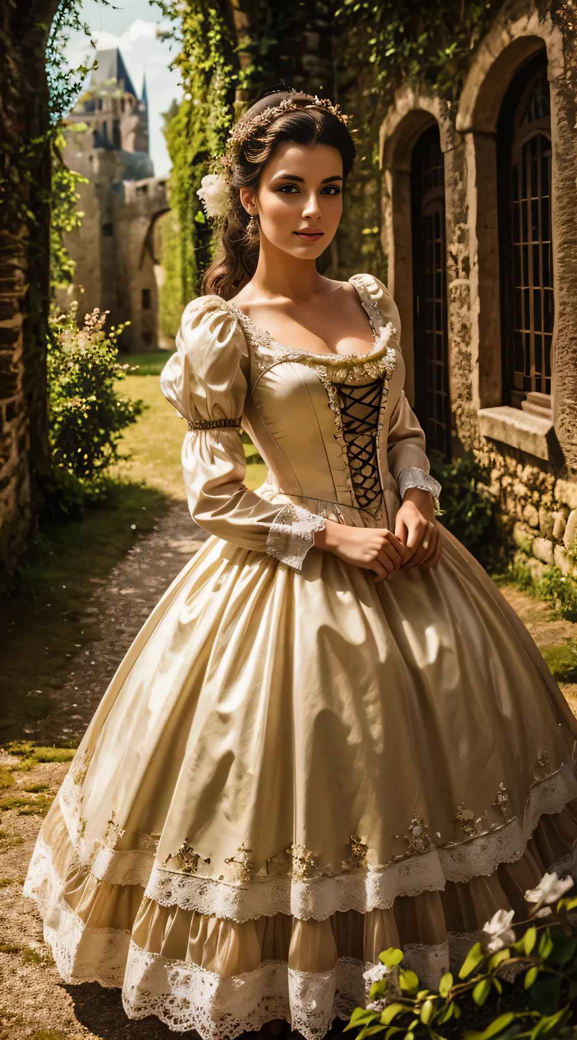 Beautiful woman in an intricate romantic vintage costume exploring an old castle in Europe