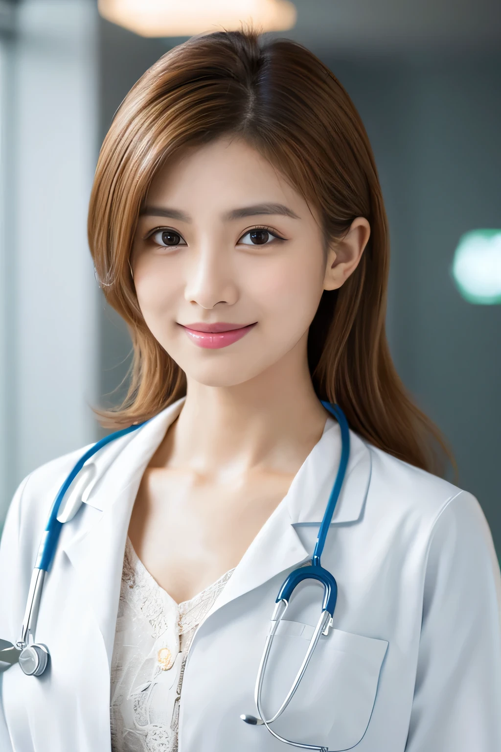 ((highest quality、8K、masterpiece:1.3))、sharp:1.2、perfect body beauty:1.4、slim body:1.2、beautiful face、Medium chest、cute smile、((Female doctor in her 20s:1.5))、(Sexy white coat that shows the chest:1.5)、(inside the hospital:1.2)、medium long hair、cute brown hair、Highly detailed face and skin texture、detailed eye、Looking at the camera、

