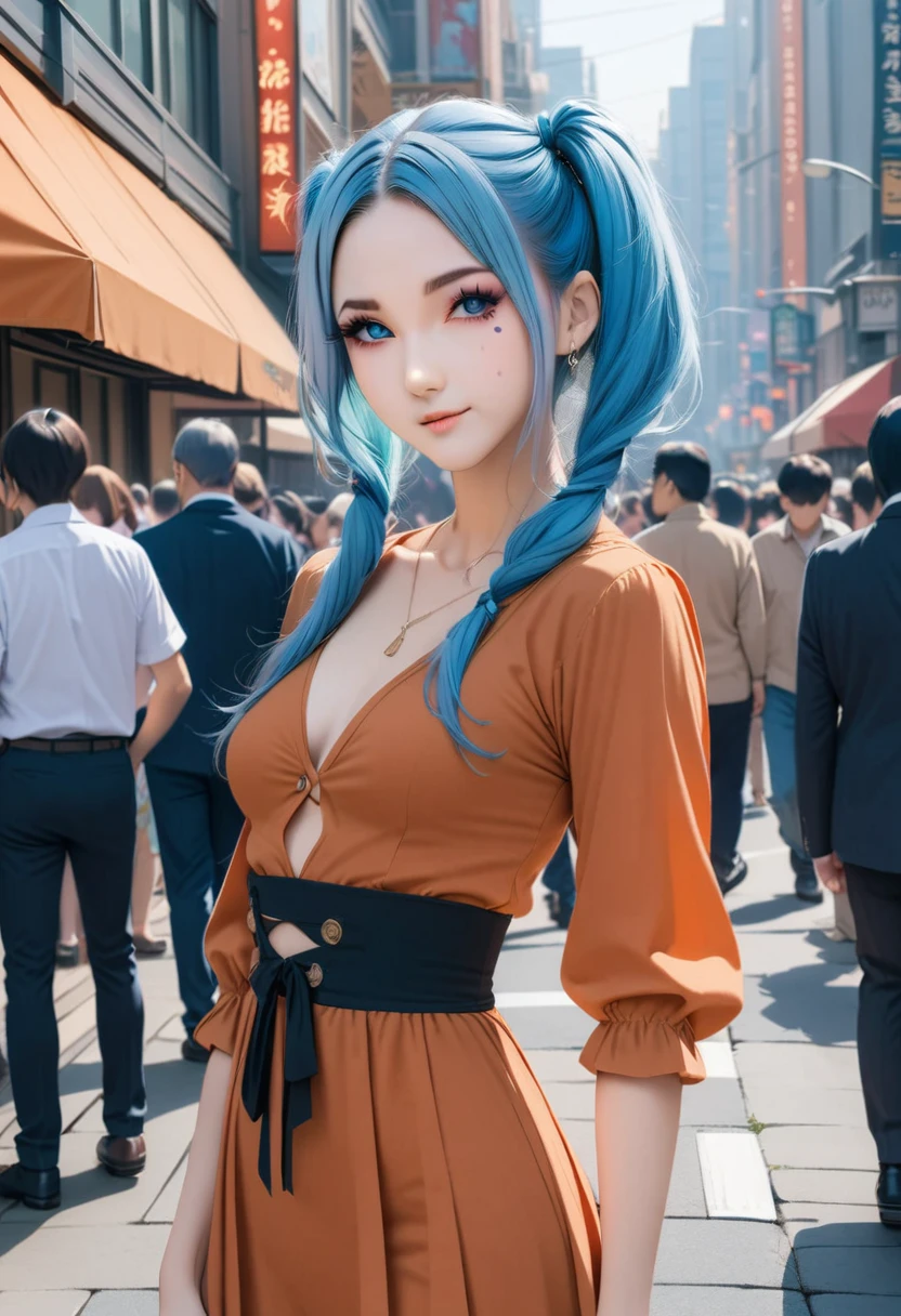 (best quality,4k,8k,highres,masterpiece:1.2),ultra-detailed, AISHA HANABI, more under eye, flat chested, blue hair with side pigtails, wearing a red dress, in the background a crowd of people on the streets of a city, (art deco), 70's, japan, cars, skycrapers,