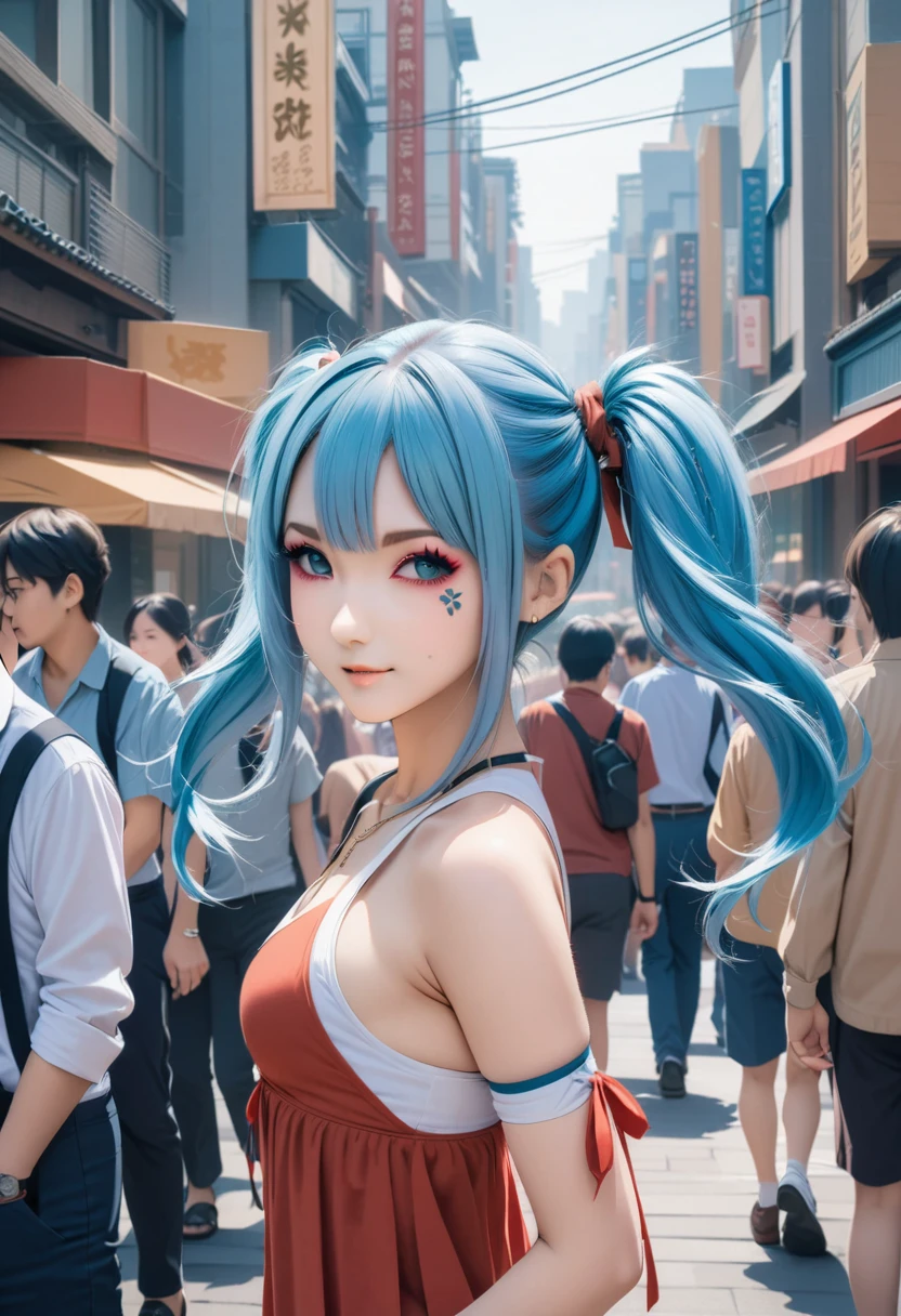 (best quality,4k,8k,highres,masterpiece:1.2),ultra-detailed, AISHA HANABI, more under eye, flat chested, blue hair with side pigtails, wearing a red dress, in the background a crowd of people on the streets of a city, (art deco), 70's, japan, cars, skycrapers,