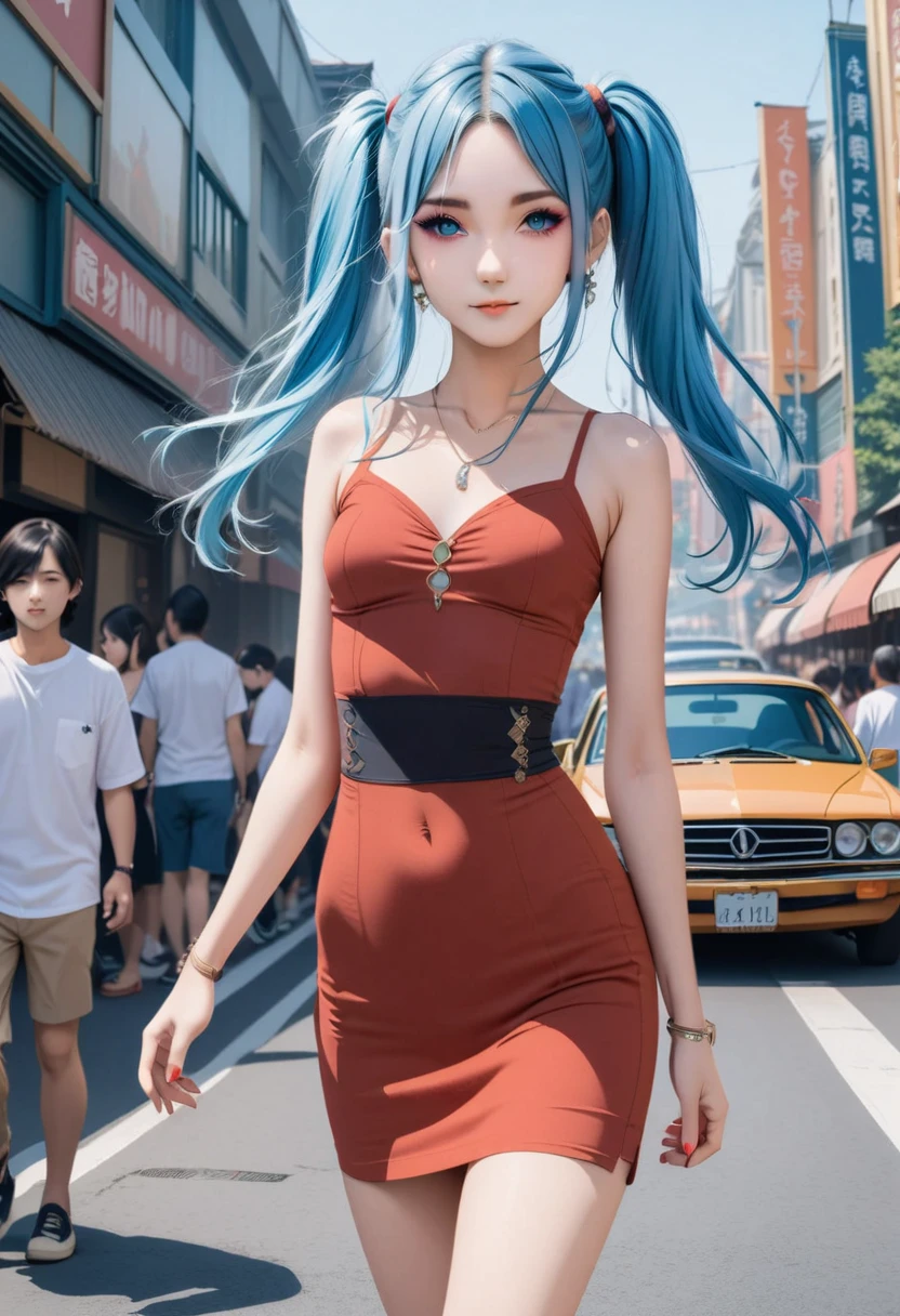 (best quality,4k,8k,highres,masterpiece:1.2),ultra-detailed, AISHA HANABI, more under eye, flat chested, blue hair with side pigtails, wearing a red dress, in the background a crowd of people on the streets of a city, (art deco), 70's, japan, cars, skycrapers,