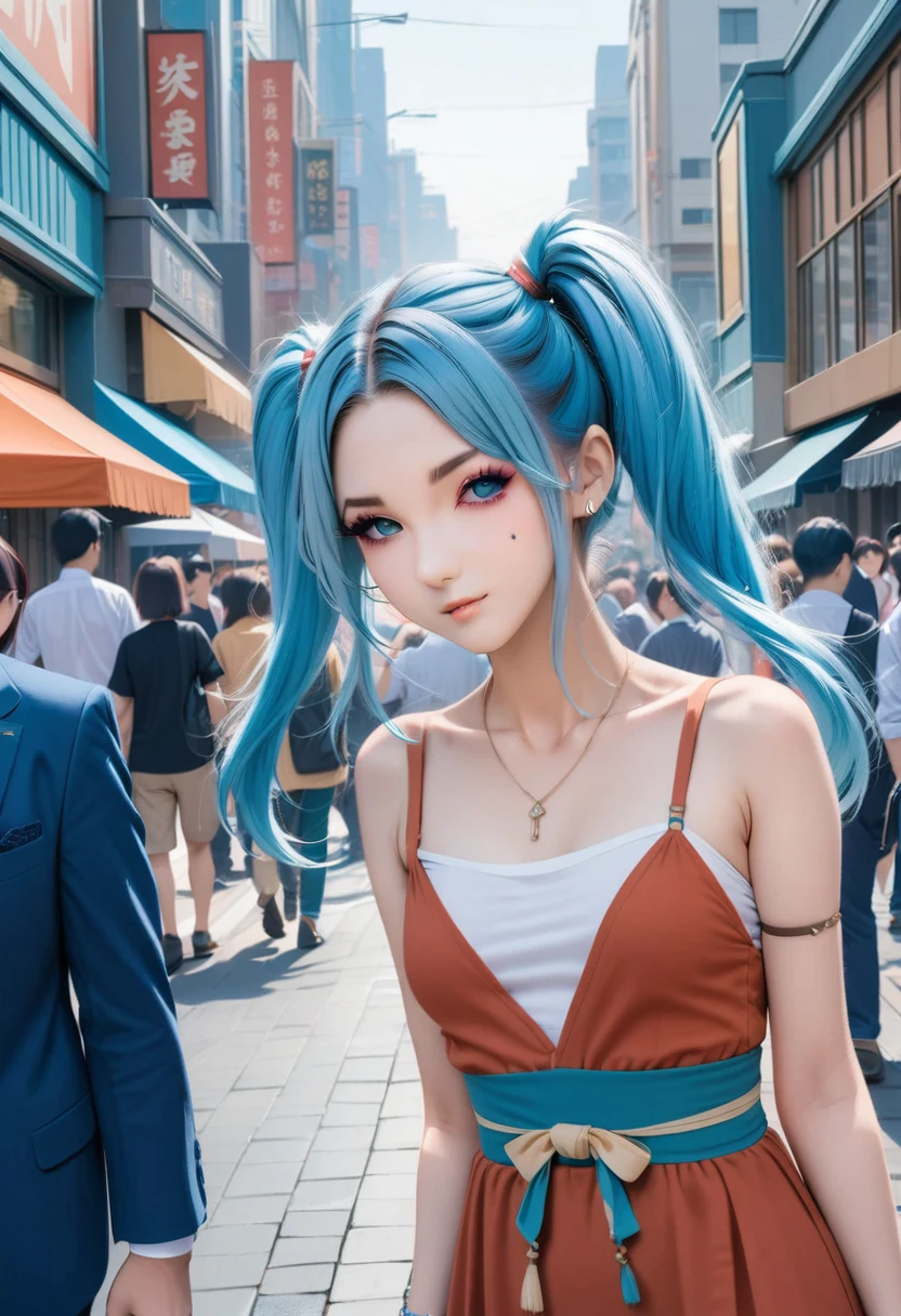 (best quality,4k,8k,highres,masterpiece:1.2),ultra-detailed, AISHA HANABI, more under eye, flat chested, blue hair with side pigtails, wearing a red dress, in the background a crowd of people on the streets of a city, (art deco), 70's, japan, cars, skycrapers,