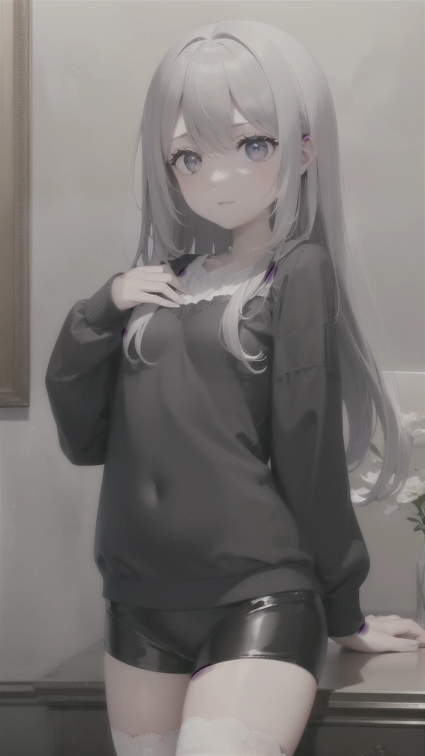 ((masterpiece, best quality))++, Detail lights+, detail hair+, Detail hand+ ,1 girl, Honey, (long gray hair)++, dark blue eyes, beautiful eyes, Young gray hair,,(beautiful white hair:1.5),(beautiful eyes), high resolution+, black stockings , a white pajamas, Glass tones, Reflective eyeanyery detail wallpaper, The original, ,scassue card ,Nature,White rose