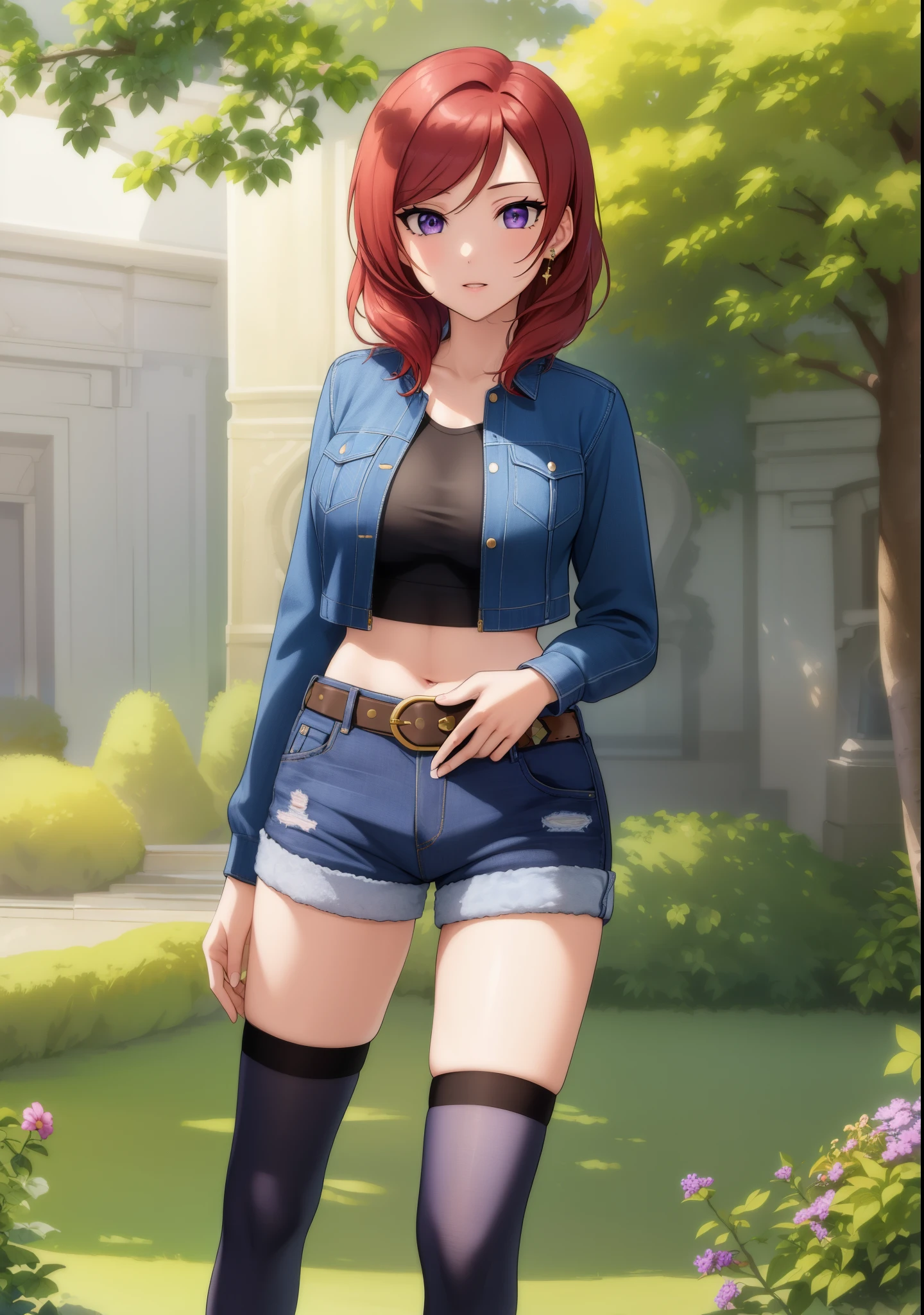 (Masterpiece, Best Quality, High Quality:1.4), professional artwork, well drawn, Intricate Details, field of view,
Nishikino maki, race background, afternoon, 
Red hair, makeup, ultra detail hair, ultra detail face, perfect eyes, perfect face, earring, purple eyes, Looking at Viewer, flirting, one hand on hip, navel,
Tight short denim shorts, crop jacket, tight sweater, thighhighs,belt.