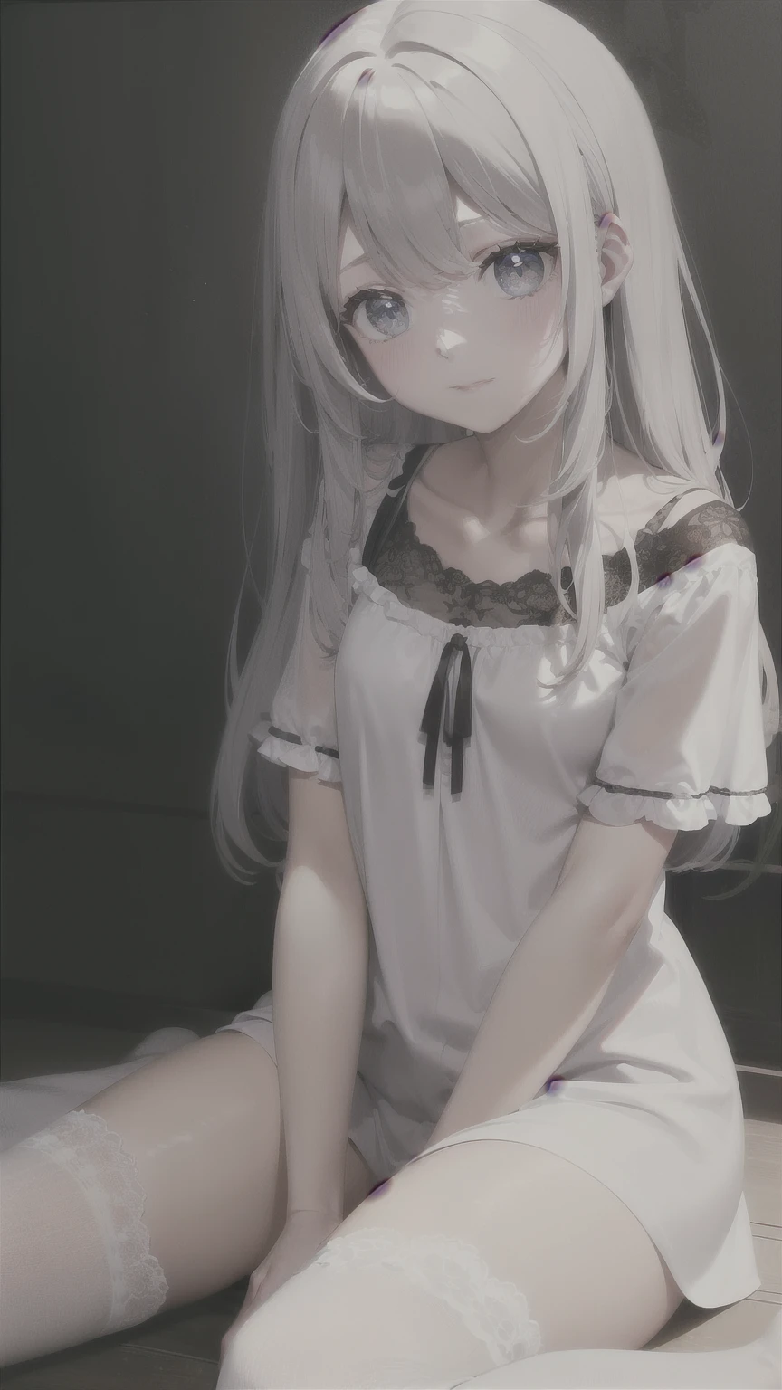 ((masterpiece, best quality))++, Detail lights+, detail hair+, Detail hand+ ,1 girl, Honey, (long gray hair)++, dark blue eyes, beautiful eyes, Young gray hair,,(beautiful white hair:1.5),(beautiful eyes), high resolution+, black stockings , a white pajamas, Glass tones, Reflective eyeanyery detail wallpaper, The original, ,scassue card ,Nature,White rose