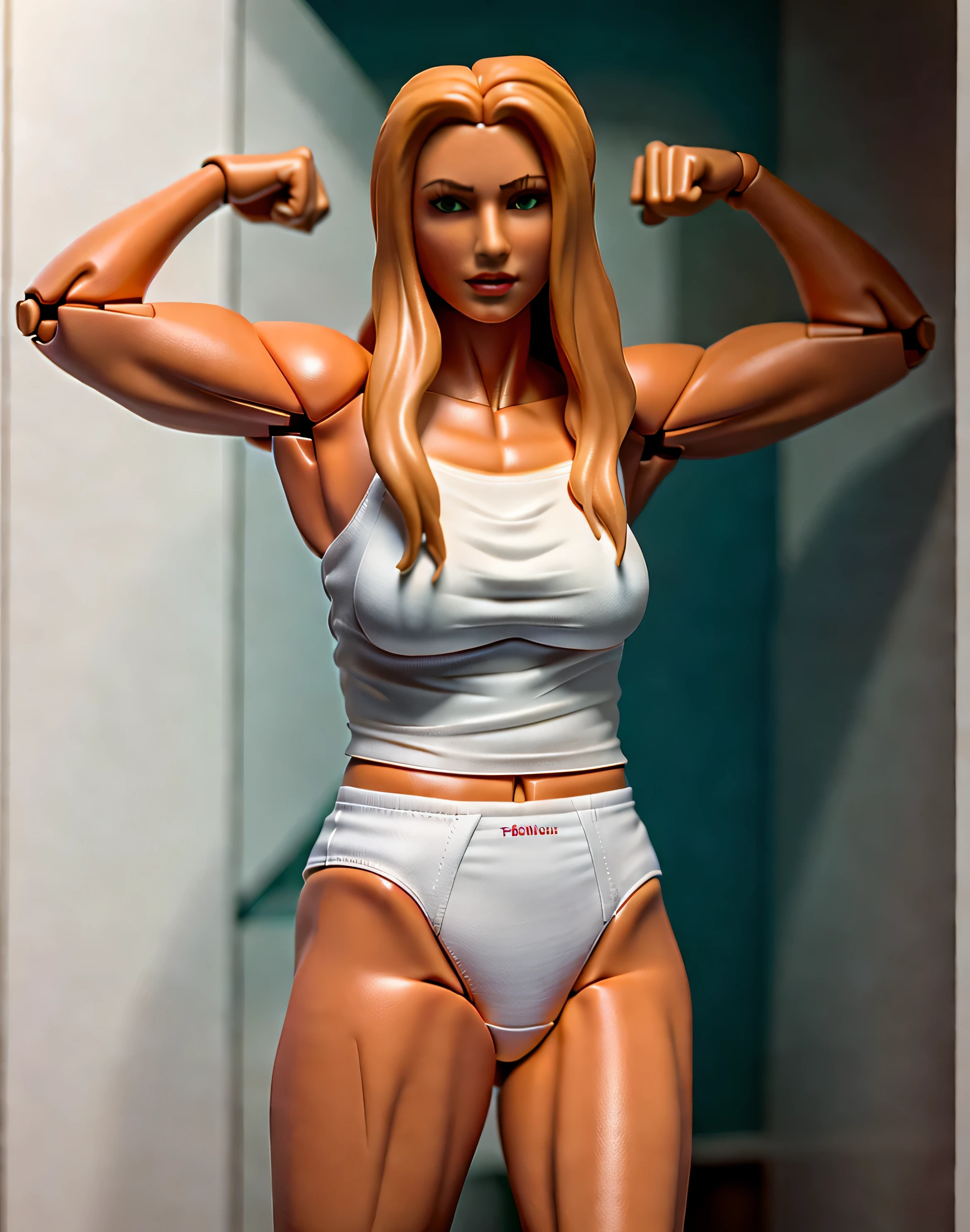 ((((masterpiece, best quality)))), ((35 year old)), (((Curvy))), ((Buff)) ((Norwegian woman with long blonde hair)), in ((white tanktop)), ((white high cut cotton panties)), ((Large Hips)), ((Standing in a cluttered locker room)), (((realistic Action figure, toy close up, detailed figurine)))