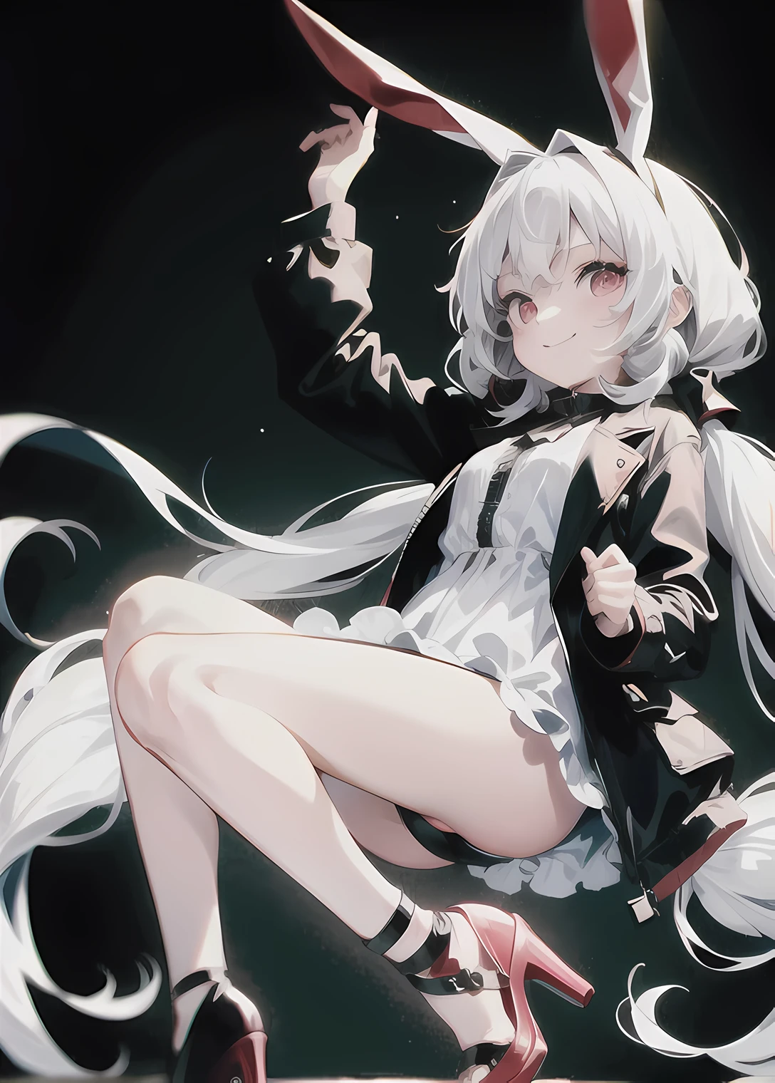 best_quality:1.4, very long eyes, very huge eyes, (Toddler), (), very small height, white hair, (low twintails:1.4), pink eyes, casual dress, heels, jacket, smile, bunny ear,