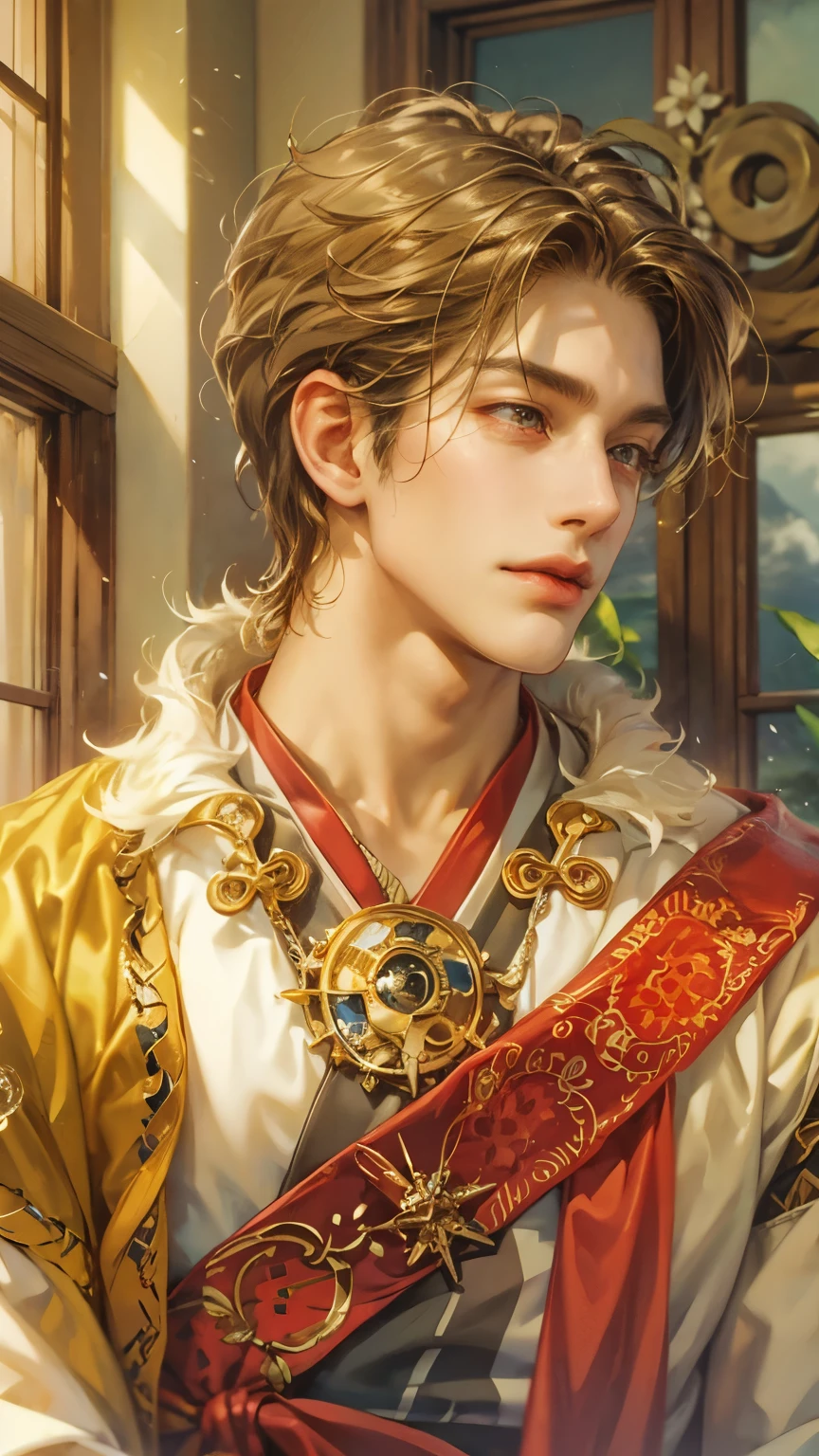 (absurdres, highres, ultra detailed, HDR), masterpiece, intricate details, best quality close-up picture of a character from Suikoden 5 with a perfect face, smirks, an adventurer with handsome looks, cool hero, short hair, anime eyes, matured teen, fantastic outfit showing chest, crop top, detailed Philippines interiors, window beach scenery, detailed character, art kenouji