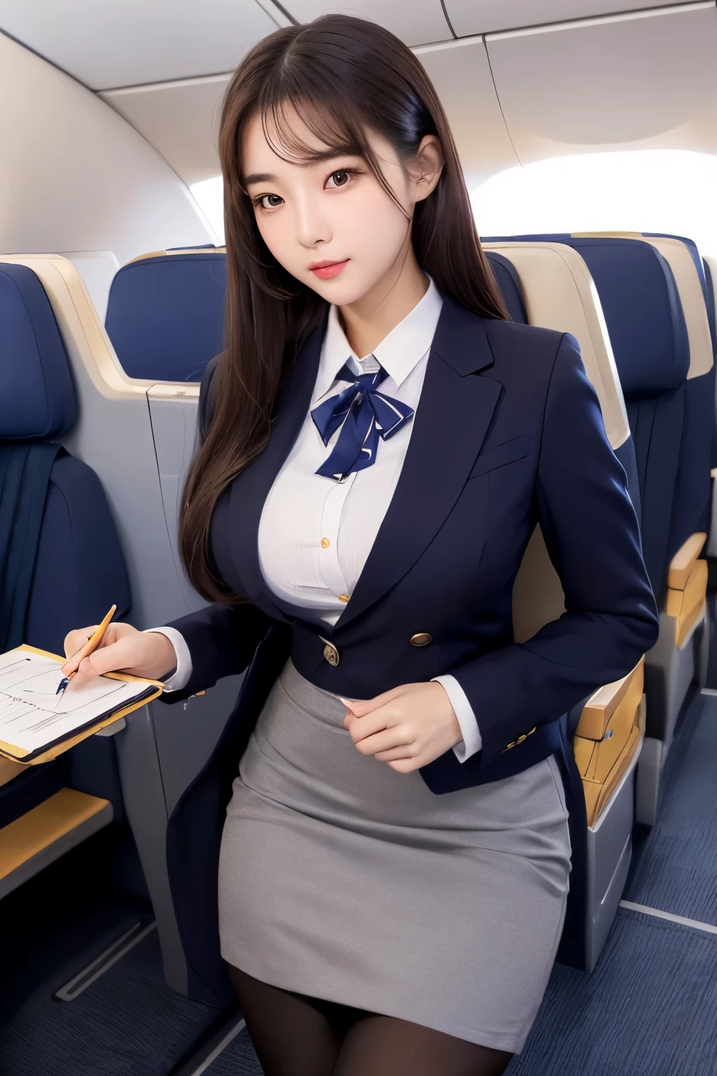 (((masterpiece))),(((high resolution)))、(((25 years old)))、(((Korean beauty)))、(((perfect face)))、(((beautiful face)))、(((Cabin attendant)))、(cute face)、uniform、((suit))、(((pencil skirt)))、((tights))、((inside the plane))、(big breasts)、looking at the camera, standing, (chuby), ((detailed face)), thighs