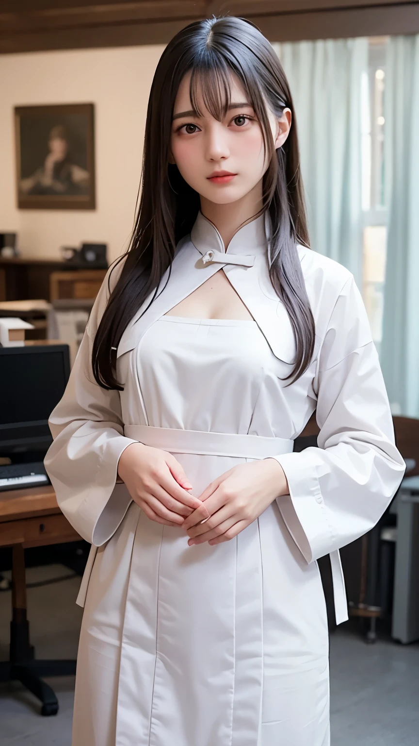 (1 nogizaka girl,masterpiece, best image quality, high quality, ultra high resolution,high resolution,detailed, highly detailed, super detailed,3D render,unreal engine,unity 8K wallpaper:1.3),one girl,Japanese girl,beautiful girl,incredible beautiful girl,(Pueros face_V1:0.4),  (qipao dress,Japanese junior idol,shoot from front,looking at viewer,full body:1.2),disorganized, detailed eyes, detailed skin, beautiful skin,so beautiful,small face,oval face,beautiful eyelashes,detailed eyelashes,detailed face,small details, bright lighting,professional lighting,thin eyebrows,anguish face,clevage