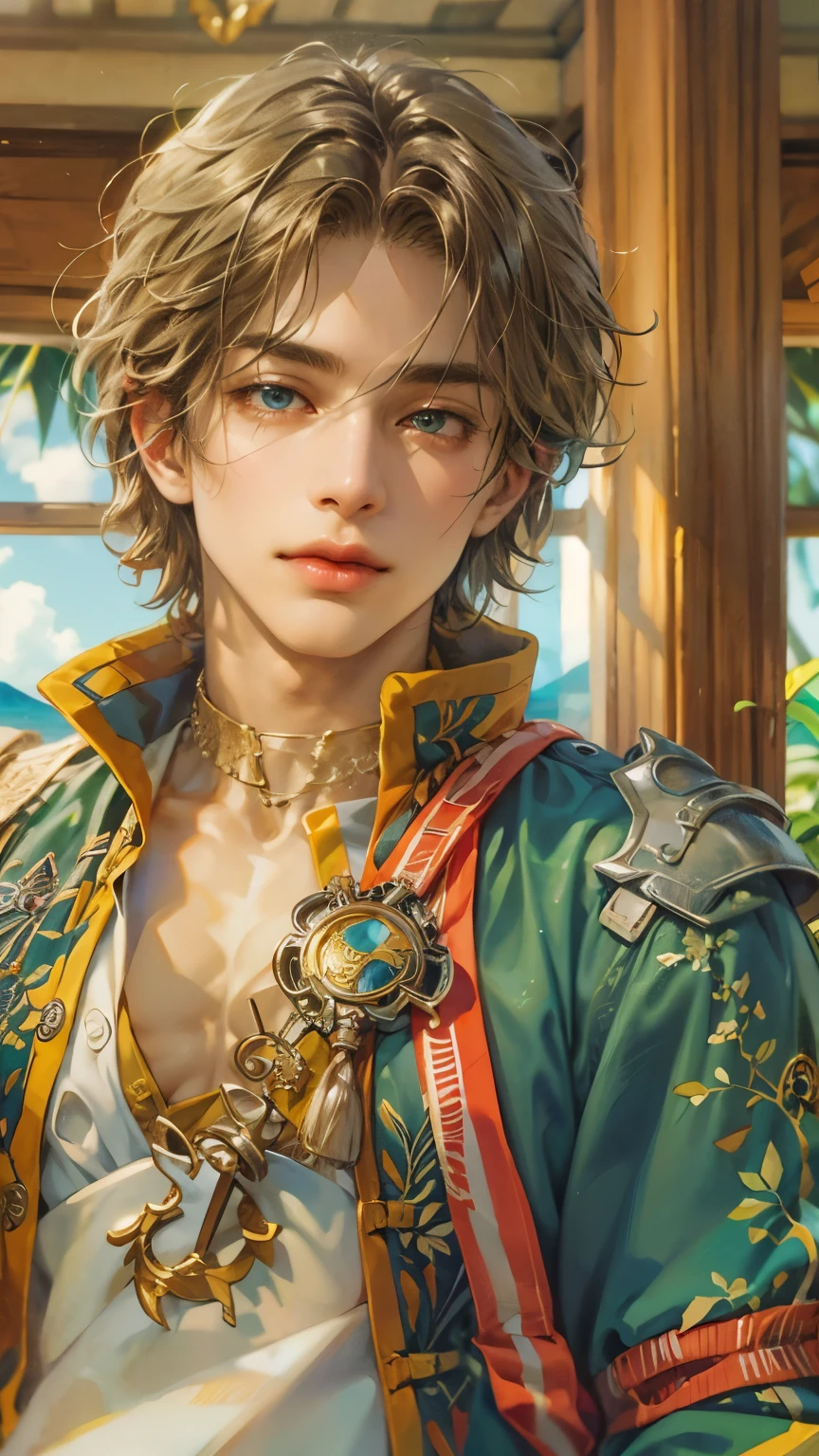 (absurdres, highres, ultra detailed, HDR), masterpiece, intricate details, best quality close-up picture of a character from Suikoden 5 with a perfect face, smirks, an adventurer with handsome looks, cool hero, short hair, anime eyes, matured teen, fantastic outfit showing chest, crop top, detailed Philippines interiors, window beach scenery, detailed character, art kenouji