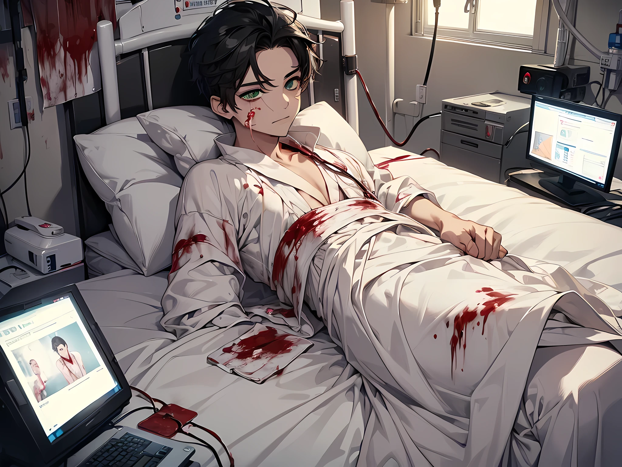 masterpiece，high resolution，Anime Art，Anime Numbers， 4k anime wallpaper，Soft Light，Radiant Skin，Looking at the camera，Solitary，An anime girl，Lying on a white hospital bed，Firm chest，Black hair，Striped hair，Red eye with a black spot under it，Nurse uniform，Black pantyhose，Black shark tail，Ward
