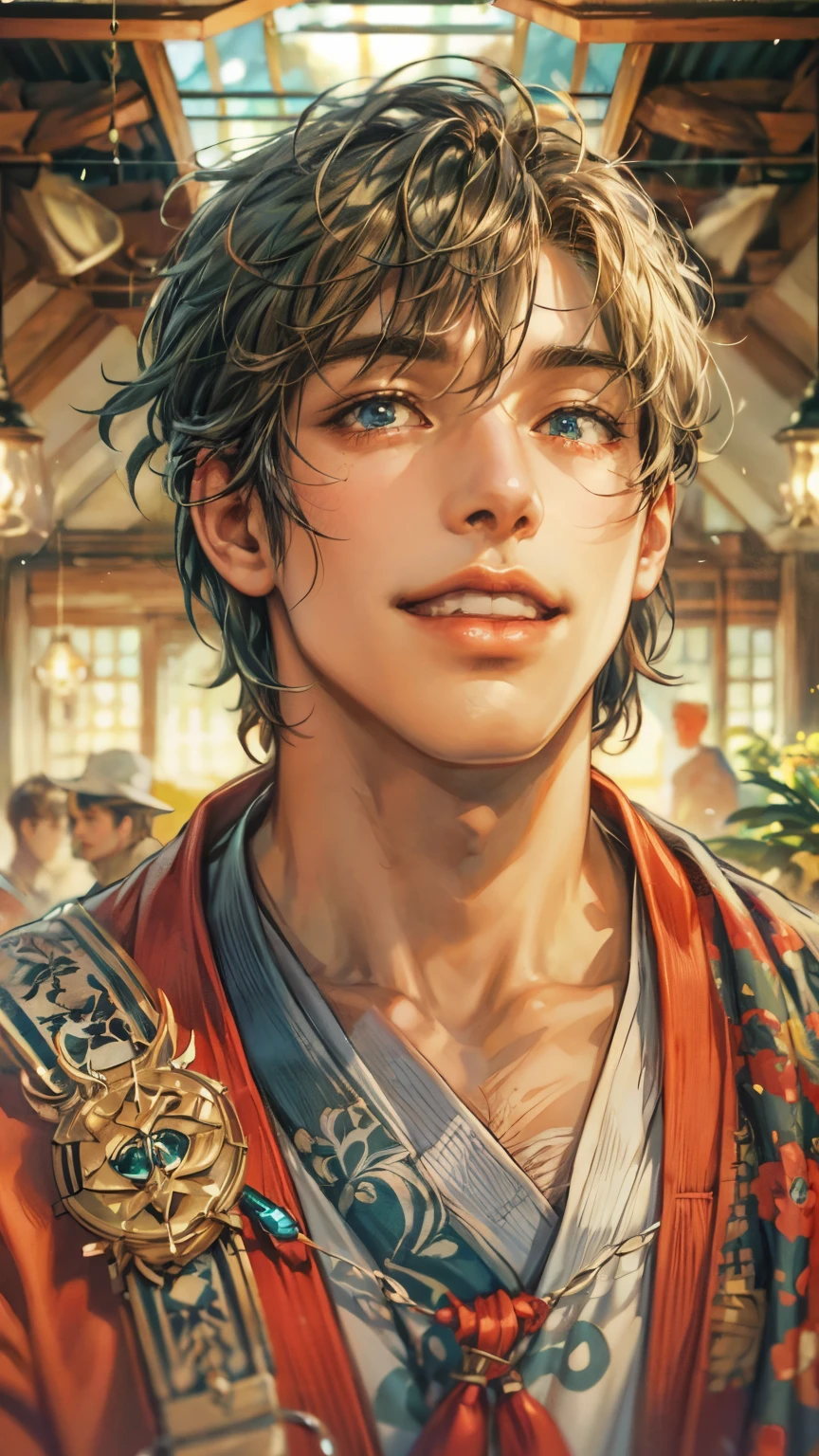 (absurdres, highres, ultra detailed, HDR), masterpiece, intricate details, best quality close-up picture of a character from Suikoden 5 with a perfect face, smile face, an adventurer with handsome looks, cool hero, short hair, anime eyes, matured teen, fantastic outfit showing chest, crop top, detailed Philippine market interiors with window beach scenery, detailed character, art kenouji