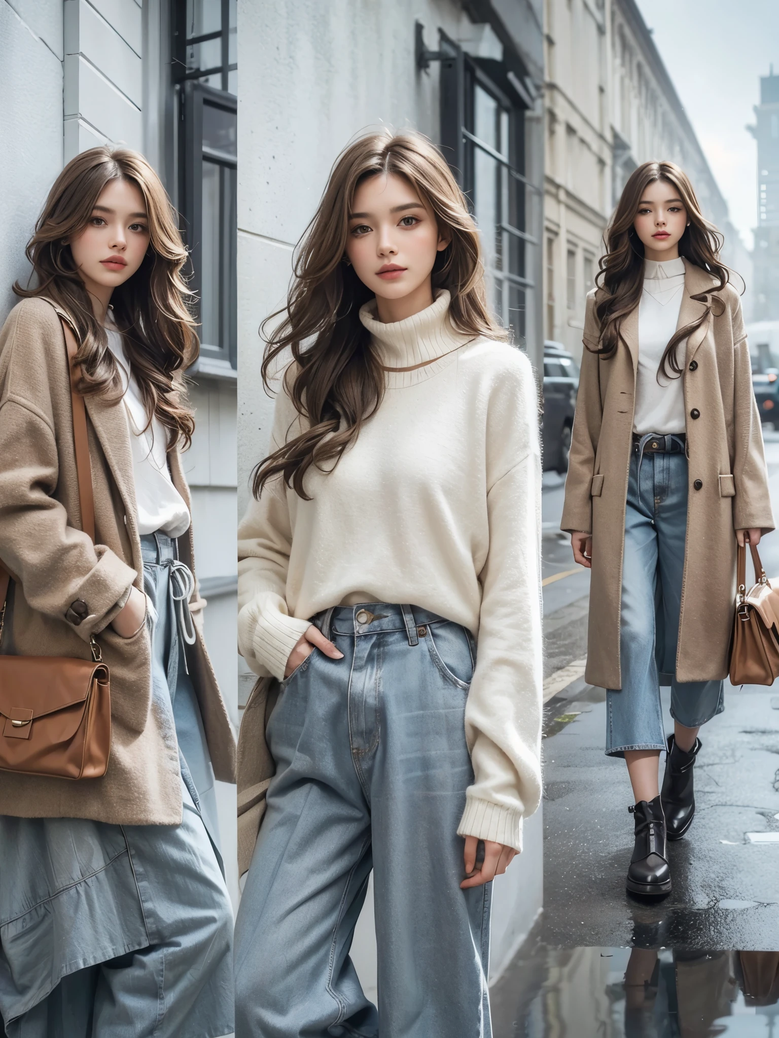 (Realistic, ultra detailed, beautiful, best quality:1.2), (arranged hairstyle:1.4), shiny hair, BREAK (all body shot:1.2), (standing, fashion model pose:1.2), (Detailed costume:1.4),(simple blurry background:1.4), (mist, fog:1.4), (casual spring fashion themes, Spring fashion:1.2), (lots of accessories), (The texture of super realistic clothes:1.2),