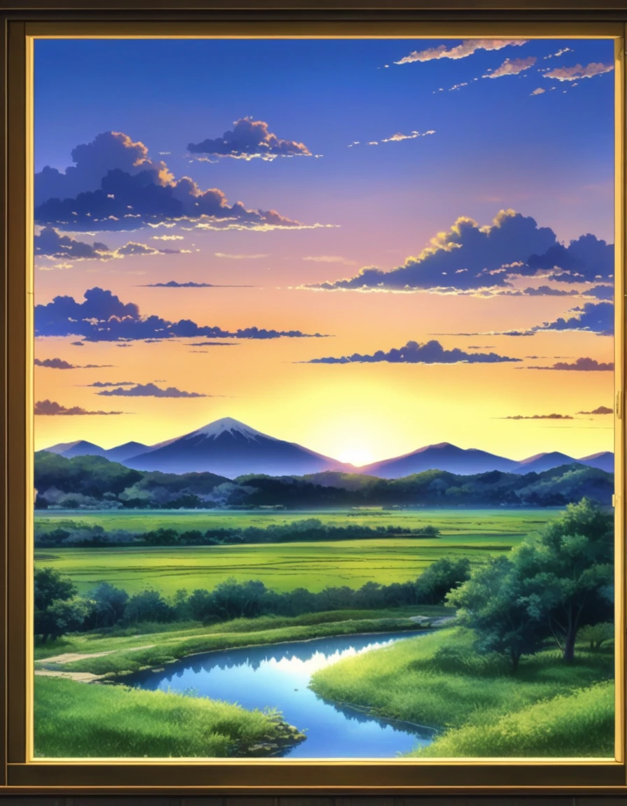 dusk landscape, sunset，pond，seen from window, anime style, With mountains and clouds as background.