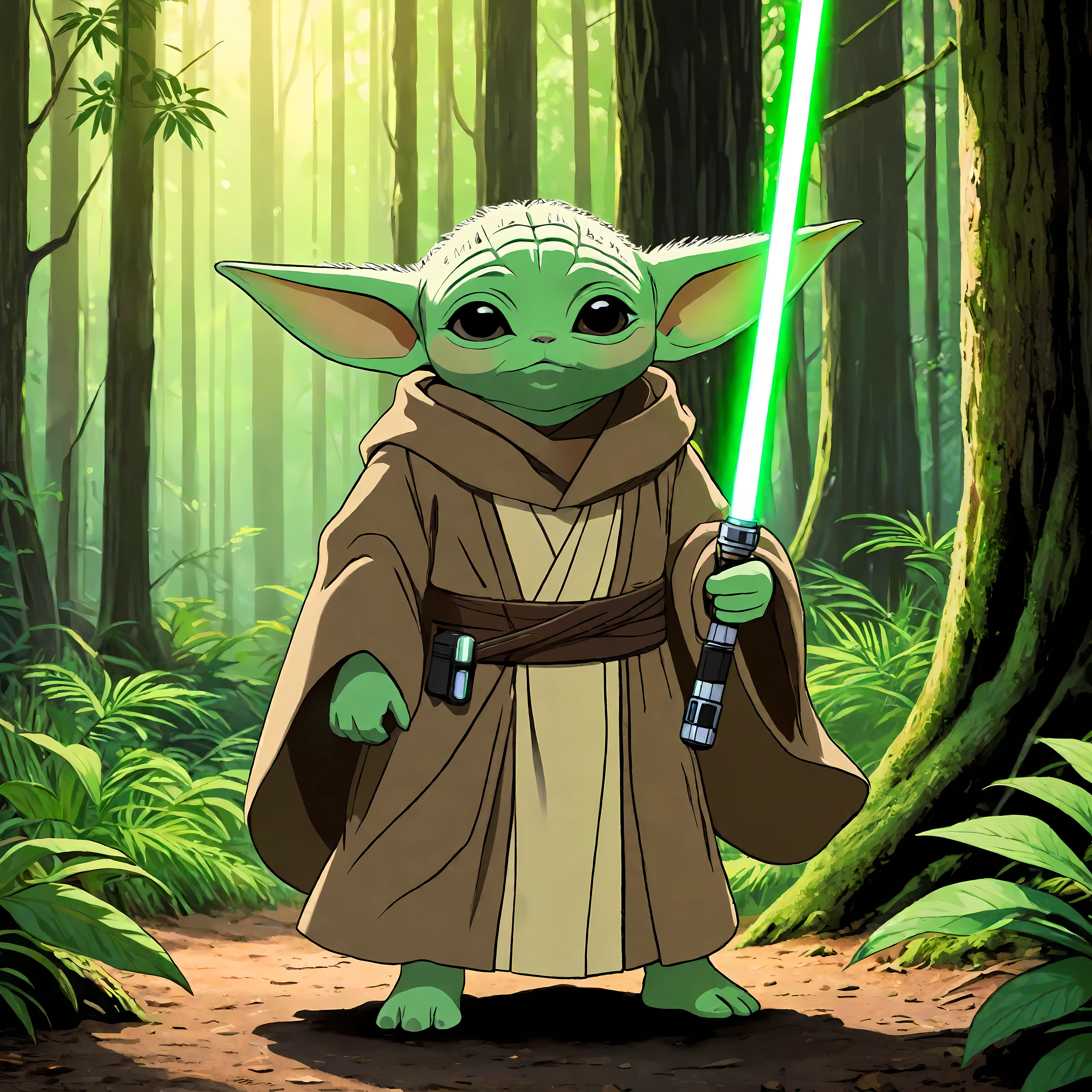 Generate an image in the Anime or Cartoon style of Studio Ghibli featuring Grogu from the Mandalorian series, also known as "The Child" or "Baby Yoda," in a tranquil forest setting. Grogu should be depicted wearing a Jedi robe, symbolizing his connection to the Jedi Order and the Force.
Grogu's Jedi robe should be rendered with attention to detail, featuring soft, earthy tones and gentle folds that flow around his small figure. The robe should convey a sense of innocence and wisdom, reflecting Grogu's unique character traits.
Grogu should be depicted holding a green lightsaber, the iconic weapon of the Jedi, in a playful yet determined manner. The lightsaber's blade should emit a soft green glow, illuminating Grogu's surroundings with its gentle light.
Pay close attention to capturing Grogu's adorable and expressive features, including his large eyes and endearing facial expressions. Ensure that his appearance remains faithful to his portrayal in the Mandalorian series, with a hint of Studio Ghibli's artistic style.
The forest setting should be rendered with lush foliage, towering trees, and dappled sunlight filtering through the canopy. Incorporate elements such as winding paths, babbling brooks, and colorful flora to create a sense of enchantment and wonder in the scene.
Overall, aim to create a captivating and emotionally resonant portrayal of Grogu in a forest, capturing the essence of his character and the magic of the Studio Ghibli style.