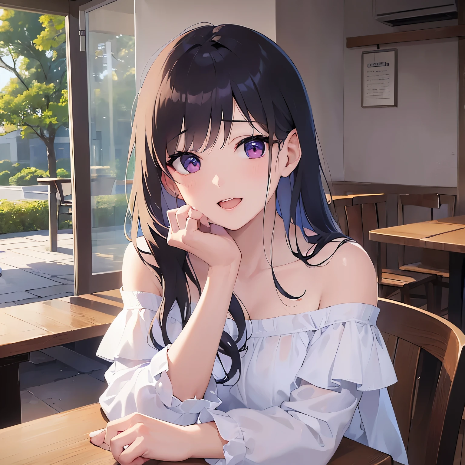 (white off shoulder blouse:1.5), hand on own chin、Biologically correct five fingers、Upper Body, Realistic, real person, (pale skin: 1.2), RAW photo, photorealistic, portrait photography, shiny skin, japanese idol、shiny hair、(25 year old woman with straight medium hair with bangs) and (black hair) and (purple eyes) , smile, open mouth, The background is the interior of the cafe.、Alone、sitting
