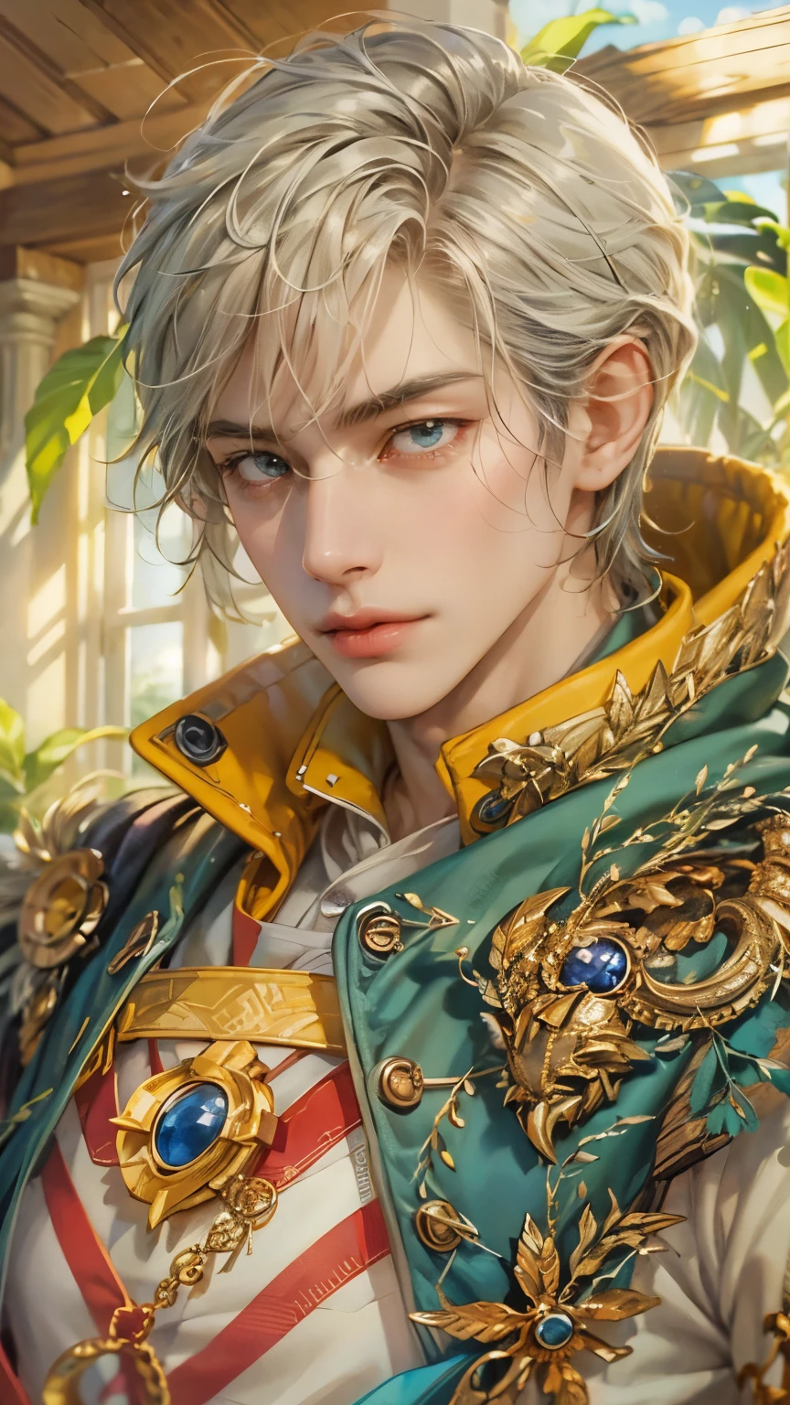 (absurdres, highres, ultra detailed, HDR), masterpiece, intricate details, best quality close-up picture of a character from Suikoden 5 with a perfect face, smirks, an adventurer with handsome looks, cool hero, short hair, anime eyes, matured teen, fantastic outfit showing chest, crop top, detailed Philippines interiors, window beach scenery, detailed character, art kenouji