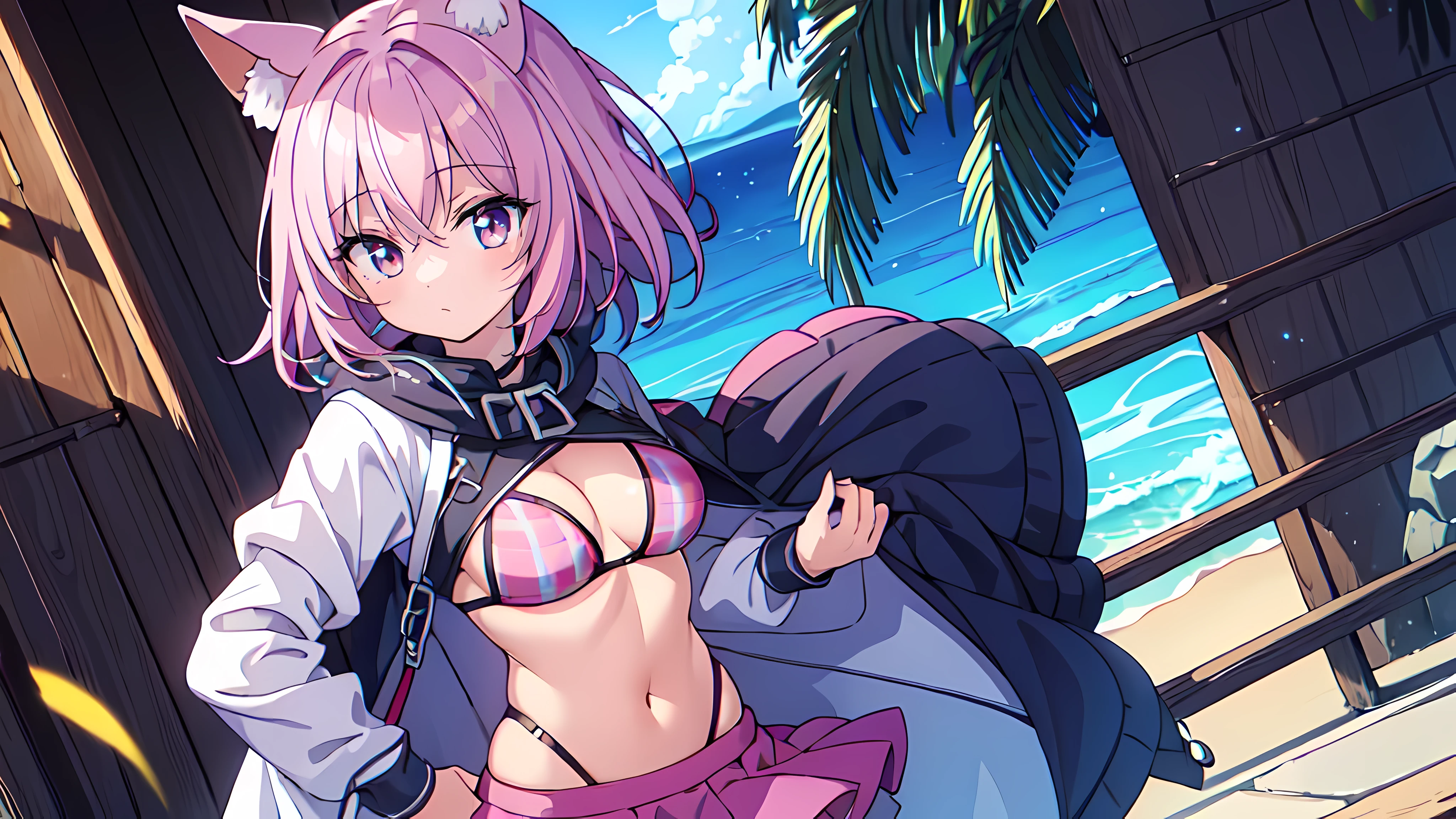 there is a drawing of a woman, pinkbikini, zerochan art, cute anime waifu, zerochan, foxgirl, short black hair, standing up, hands behind back, ((pink skirt))