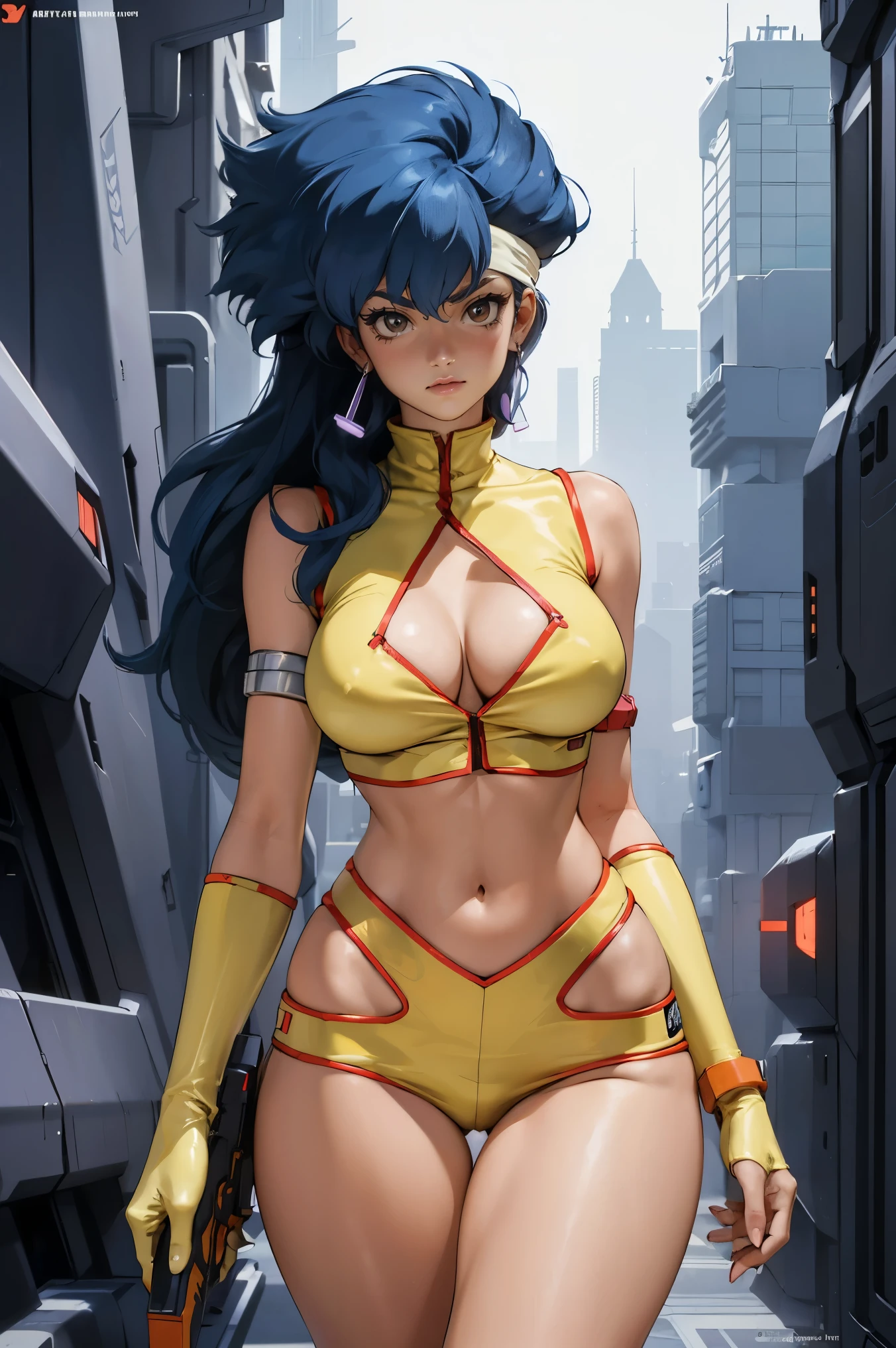 Yuri from The Dirty Pair, , wearing a tight outfit, skimpy, medium breast, (long hair), dark blue hair, beauty, cyberpunk city background, holding retro space-gun, cleavage, slim waist, slim thighs, thigh gap, (light yellow uniform), show belly