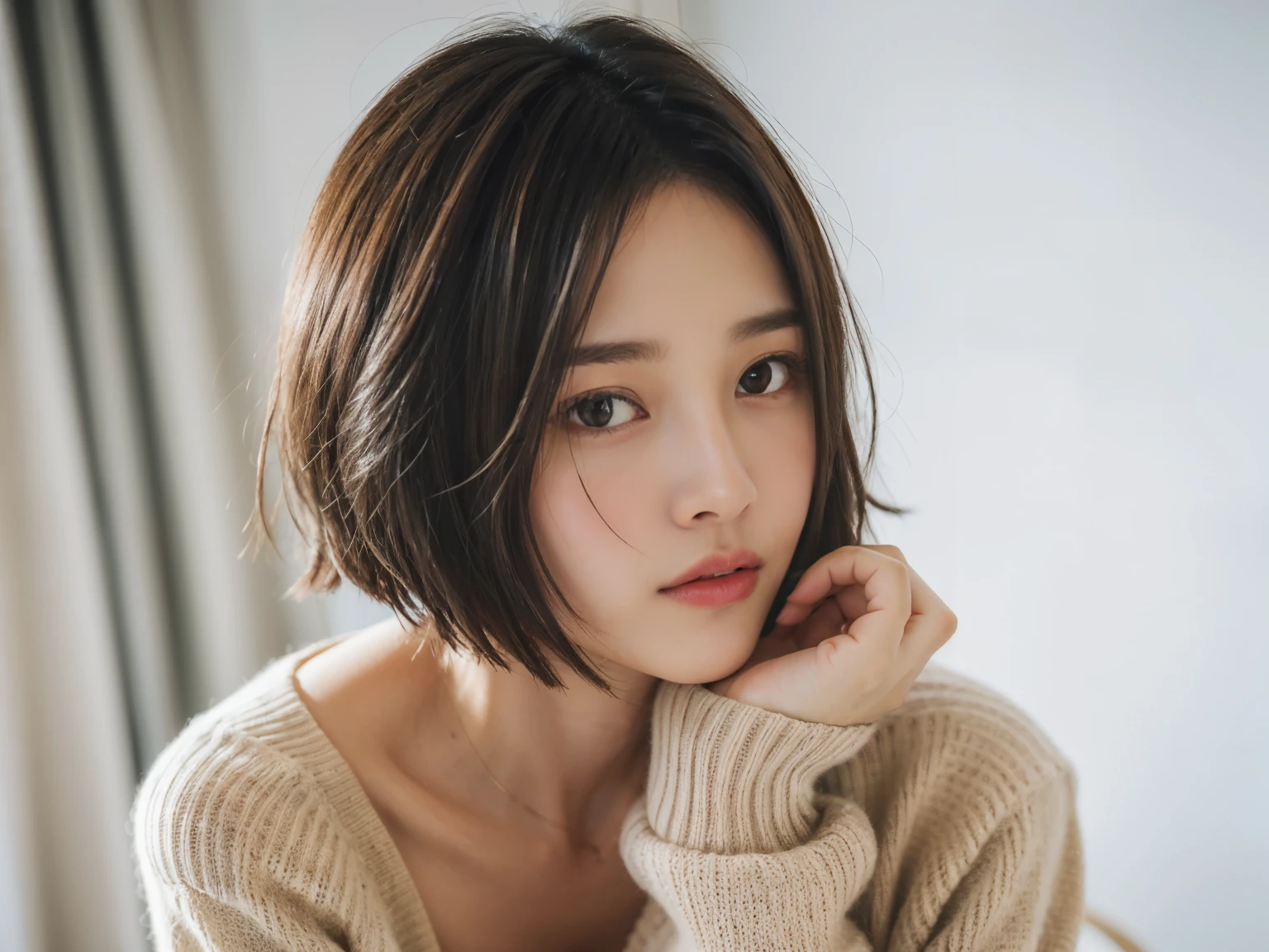 (masterpiece:1.3), (8k, photorealistic, RAW photo, best quality: 1.4), (1girl), beautiful face, (realistic face), (black hair, short hair:1.3), beautiful hairstyle, realistic eyes, beautiful detailed eyes, (realistic skin), beautiful skin, (sweater), absurdres, attractive, ultra high res, ultra realistic, highly detailed, golden ratio