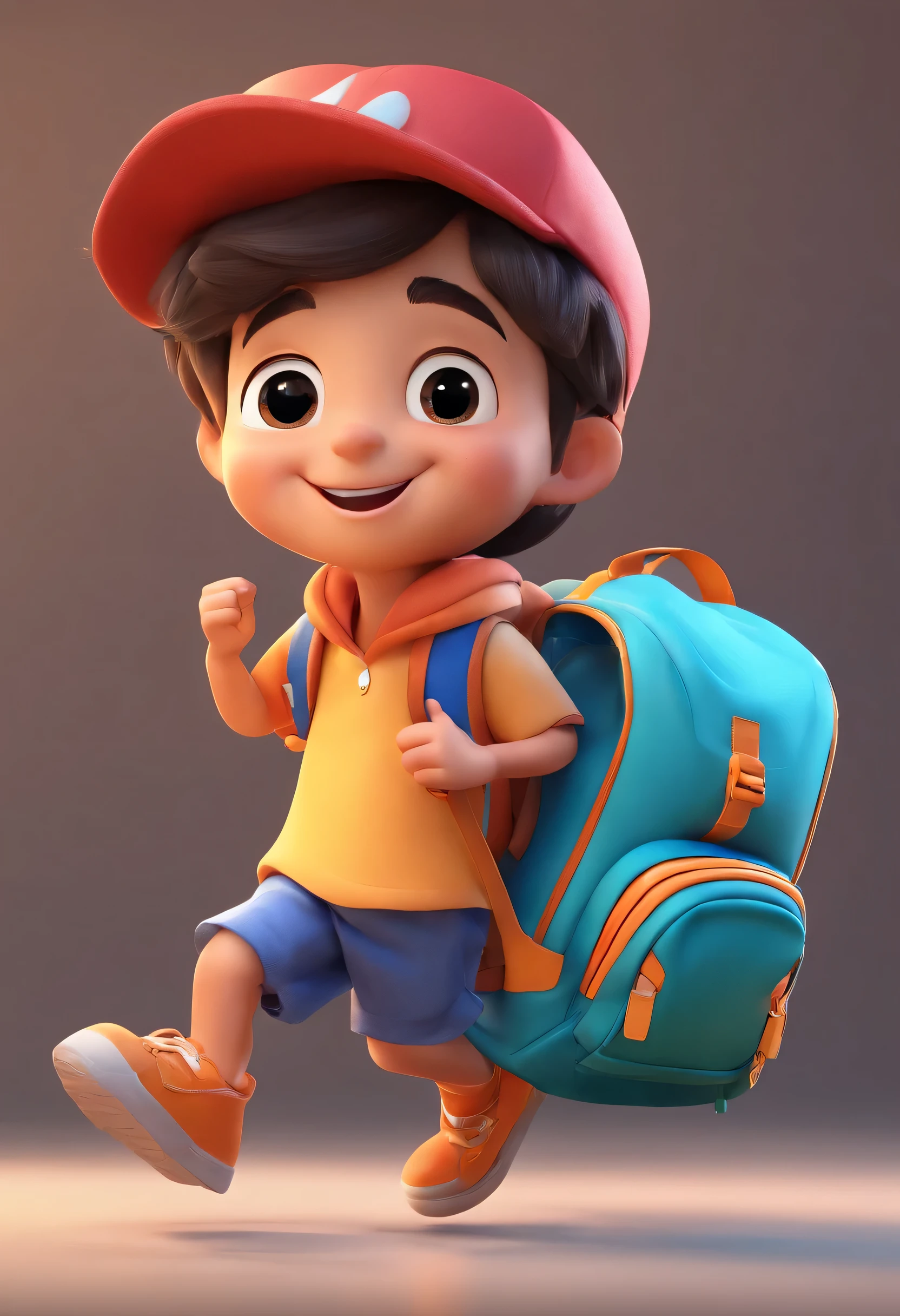 Illustration of a ,foto de corpo inteiro,little Asian boy,The smile is bright,Carregando 1 mochila escolar,Passeios de campo,sorriso feliz,grandes risadas,Corrida animada,blue hat,mochila azul,Desenhe em estilo de arte 3D, C4D, com um fundo branco puro, Estilo Disney, Illustrations rendered in Pixar style with super details, 8k